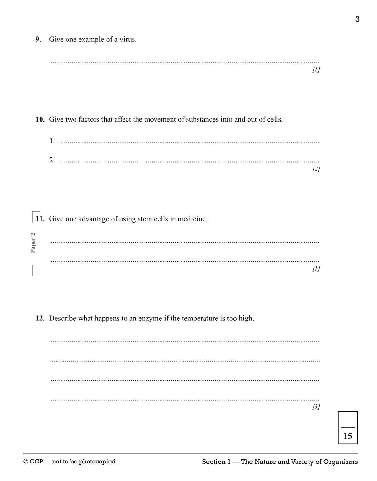Four short-answer questions on viruses, cell transport, stem cells, and enzymes, each with a specific mark allocation