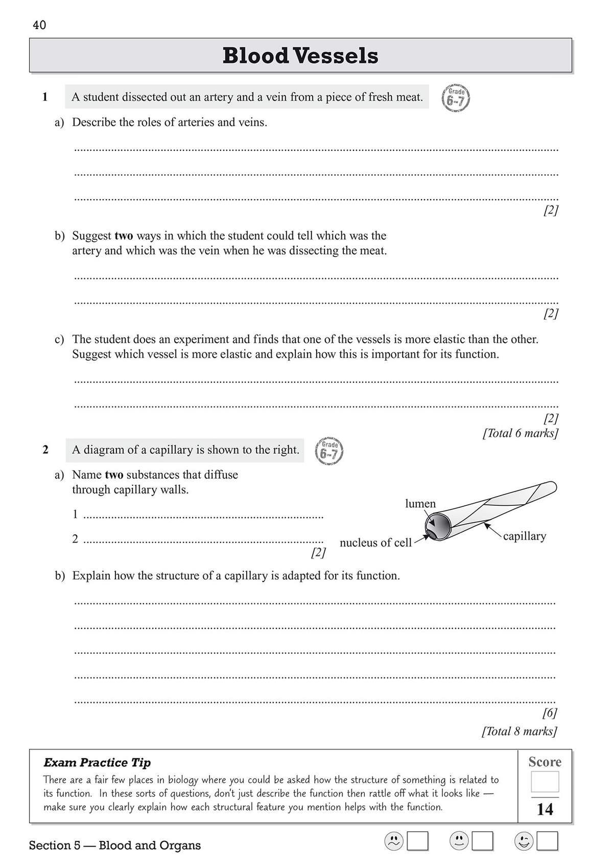 Two questions on blood vessels and capillaries, including a diagram to label and a practice tip for exam technique