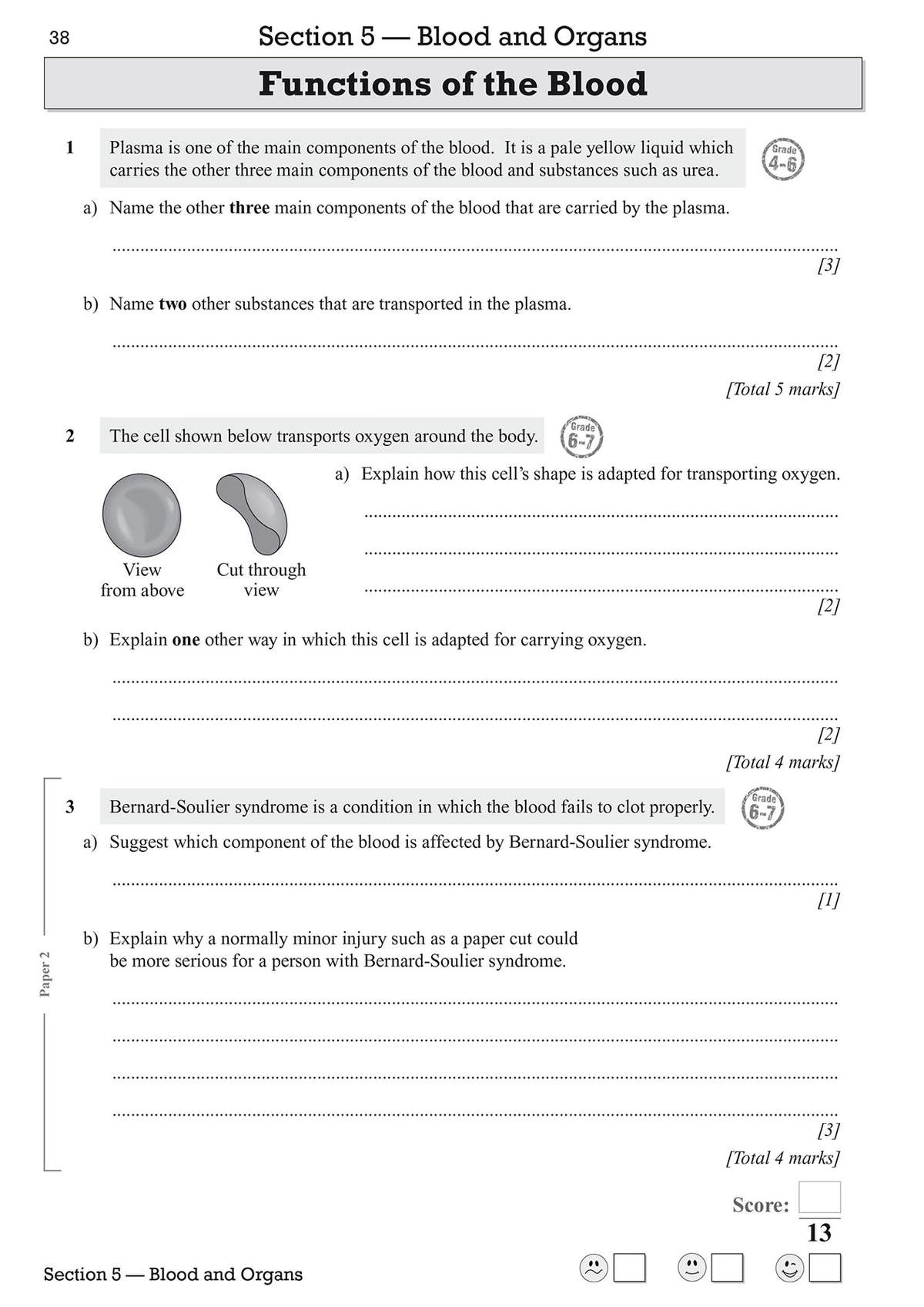 Questions on blood components, red blood cell adaptations, and Bernard-Soulier syndrome, with space for written answers