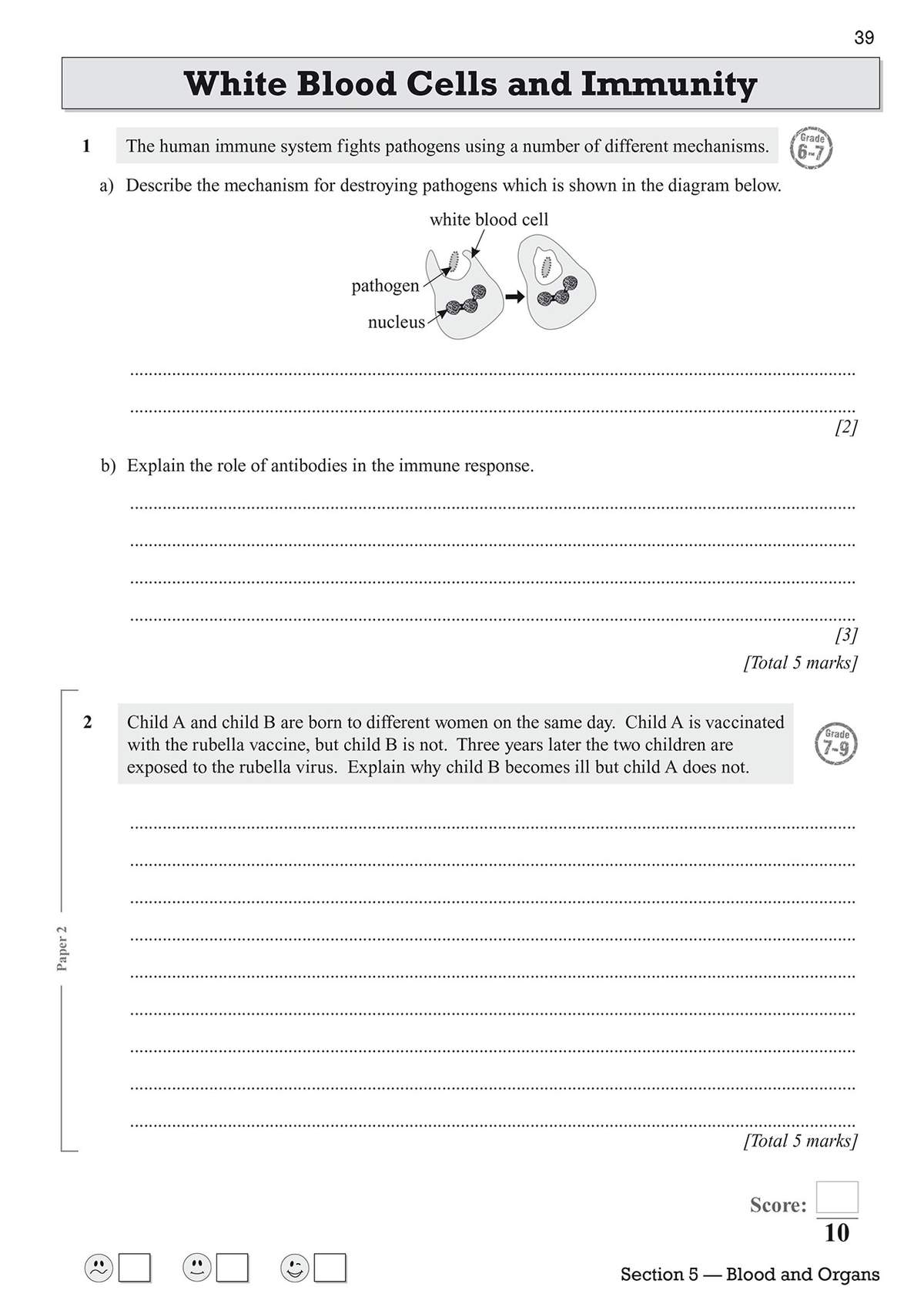 Two short-answer questions on white blood cells and immunity, including a diagram to describe and a scenario to explain