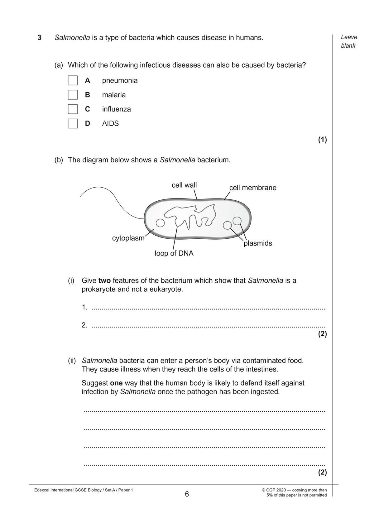 A biology question on Salmonella bacteria, including a multiple-choice question