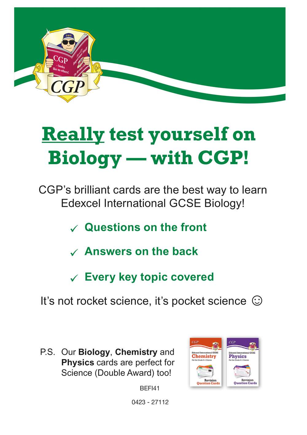 A promotional page explaining that the cards have questions on the front and answers on the back, covering every key topic