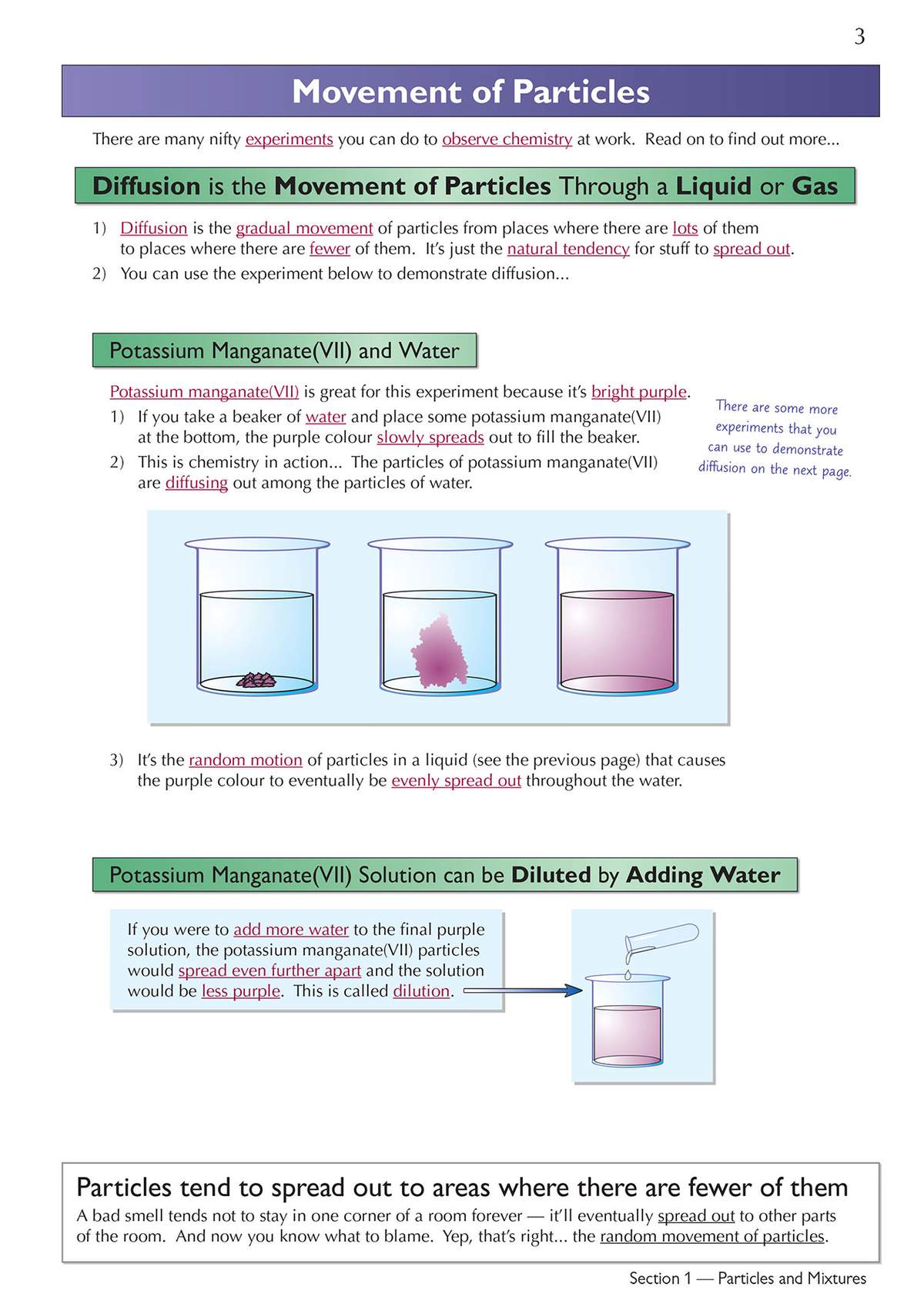 Clear notes on particle movement, with diagrams showing how potassium manganate spreads in water and how dilution works