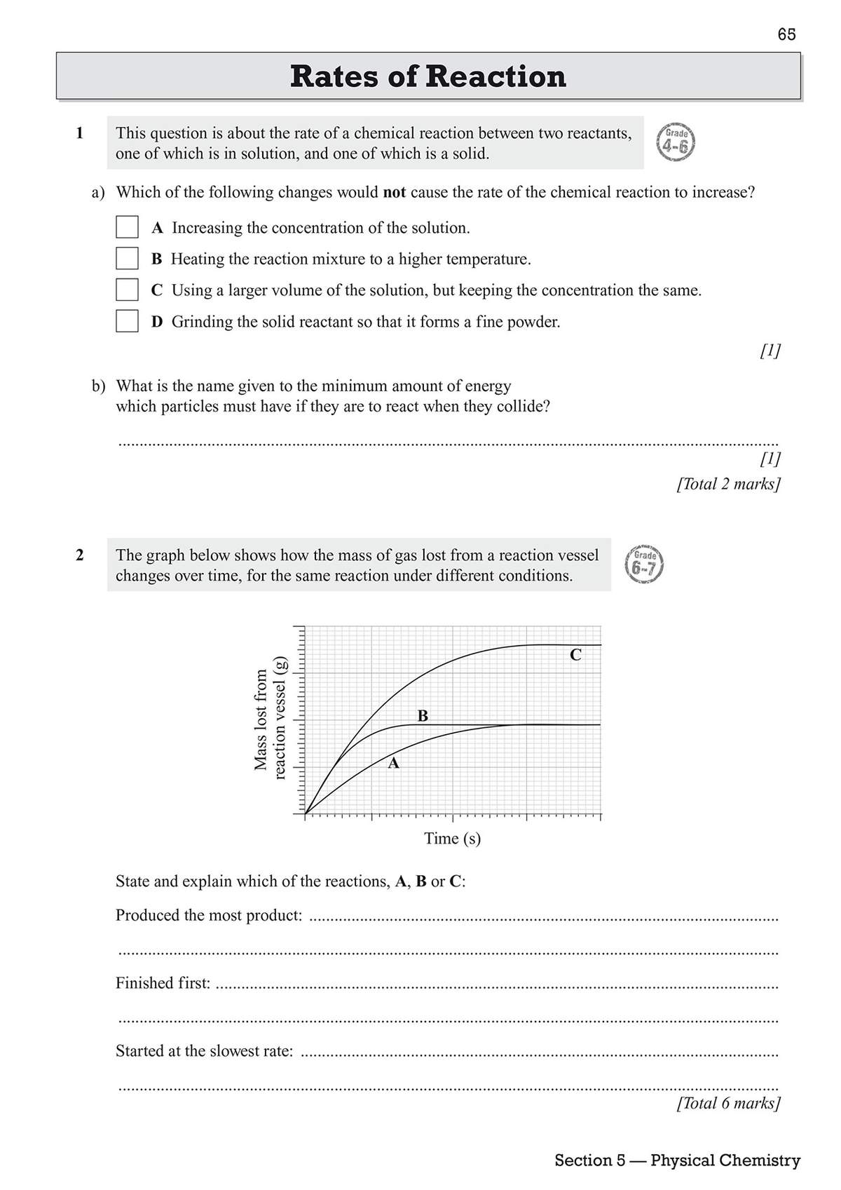 Two questions on rates of reaction, including a multiple-choice question and a graph analysis task requiring explanations