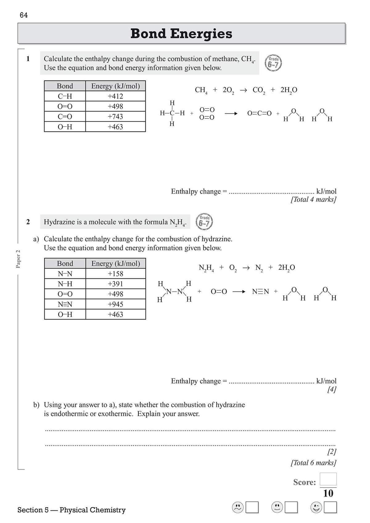 Two questions on calculating enthalpy change using bond energy data, with a short explanation required for the second