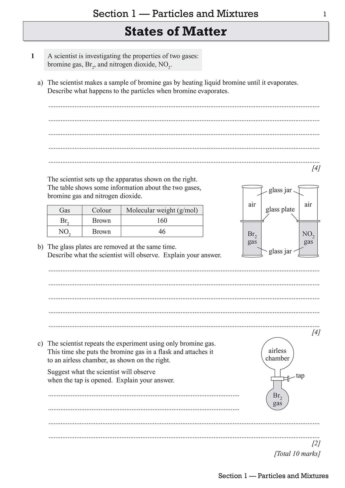Three questions on particle theory and diffusion, with diagrams of gas jars and an airless chamber to label and explain