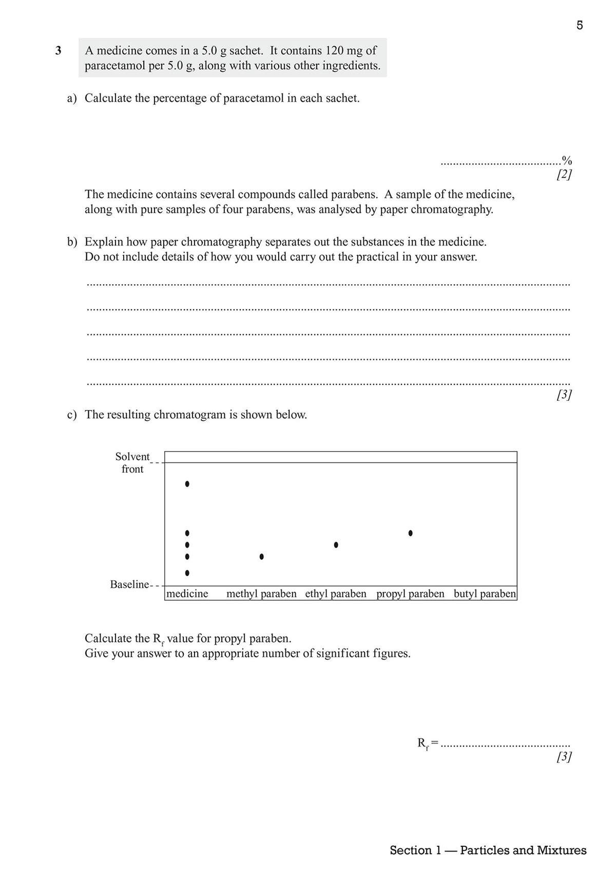 Students calculate percentage composition and Rf values from a chromatogram diagram, then explain the separation process