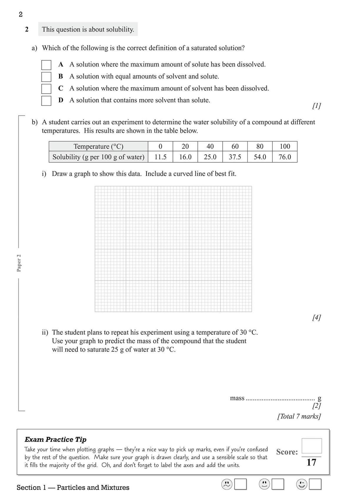 A question on solubility definitions, a table of data to plot on a grid, and a prediction task using the graph