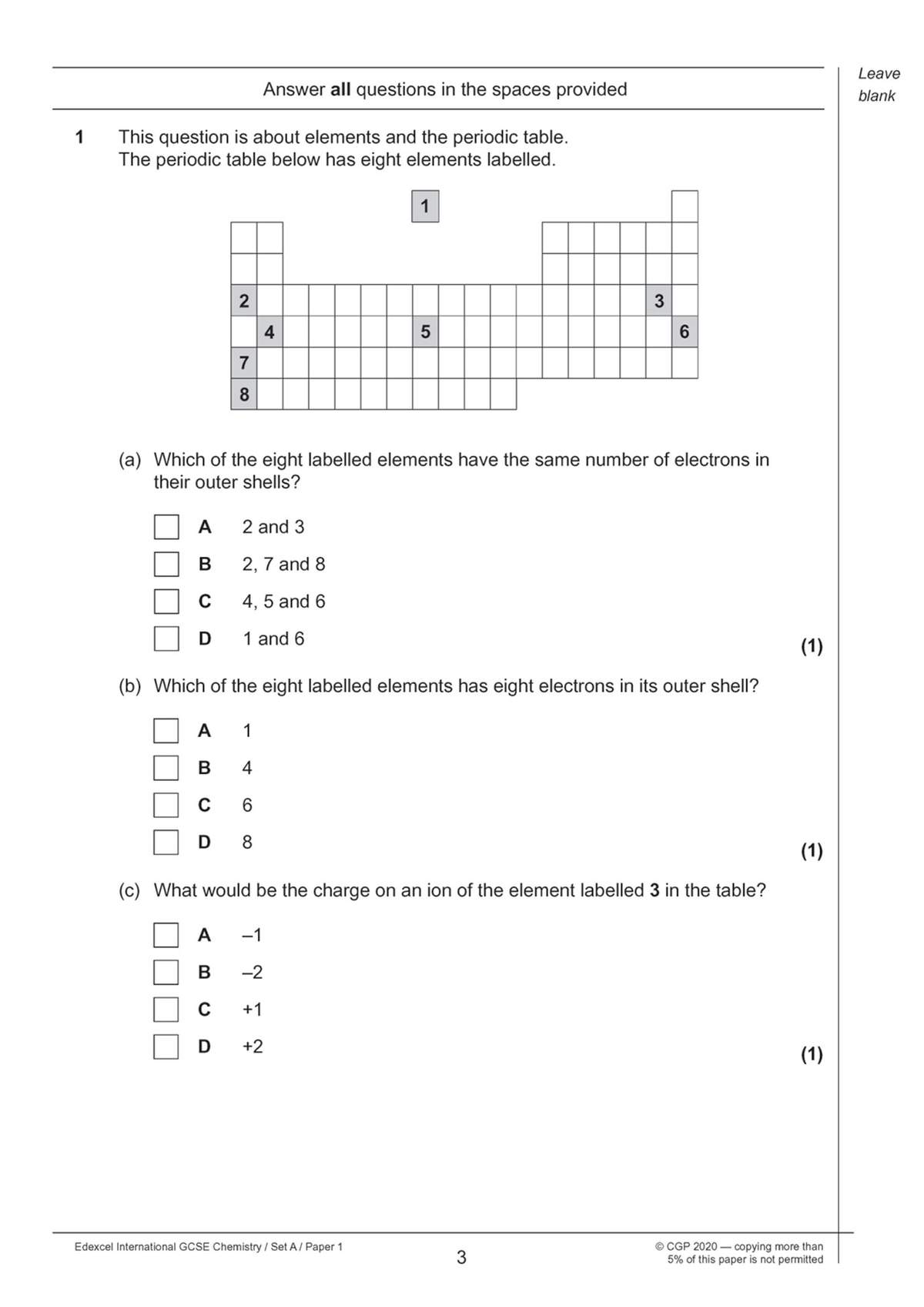 A multiple-choice question on the periodic table, asking students to identify electron shells and ion charges