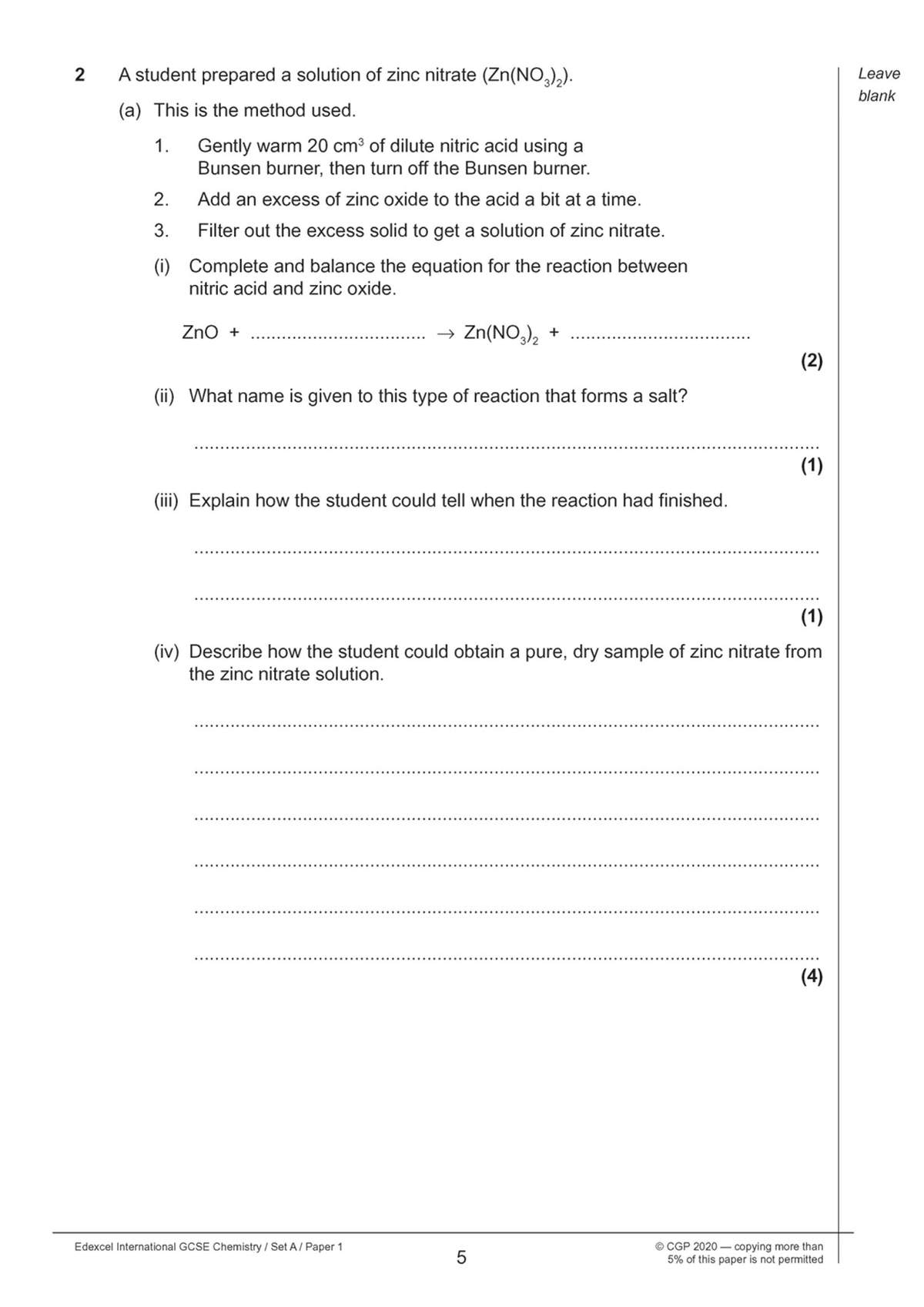 A chemistry question on preparing zinc nitrate, requiring students to balance an equation and explain lab steps