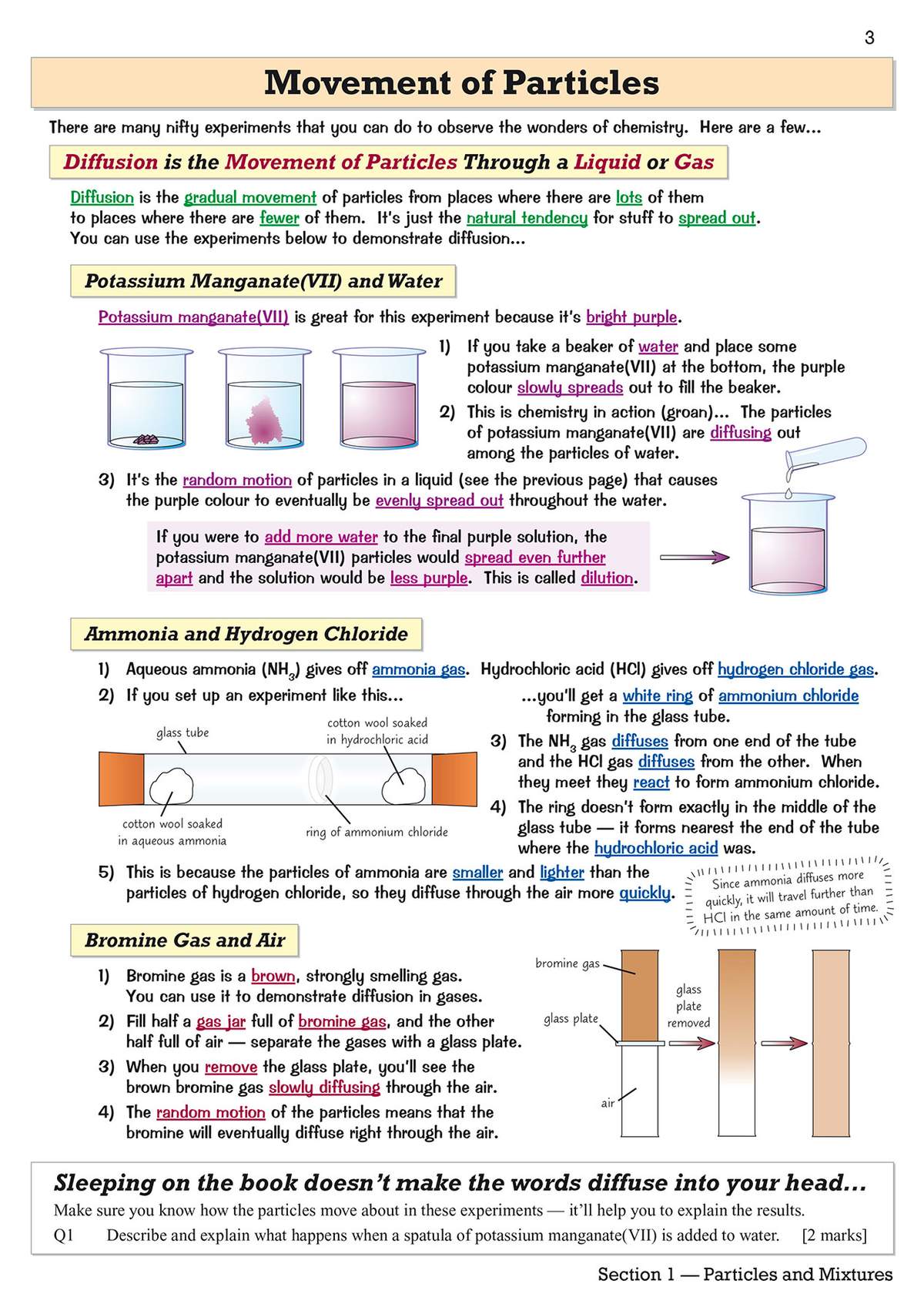 Clear explanations of diffusion experiments with diagrams, followed by a short question to test understanding of the process