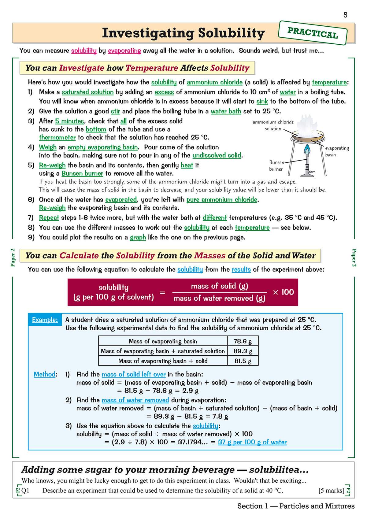 A worked example shows how to calculate solubility from mass data, followed by a question asking for a description of