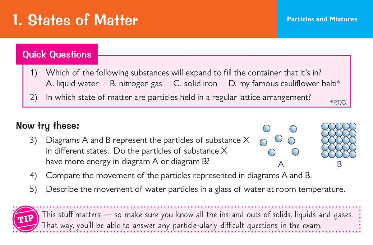 Five questions on states of matter, including multiple choice and short answers about particle energy and movement