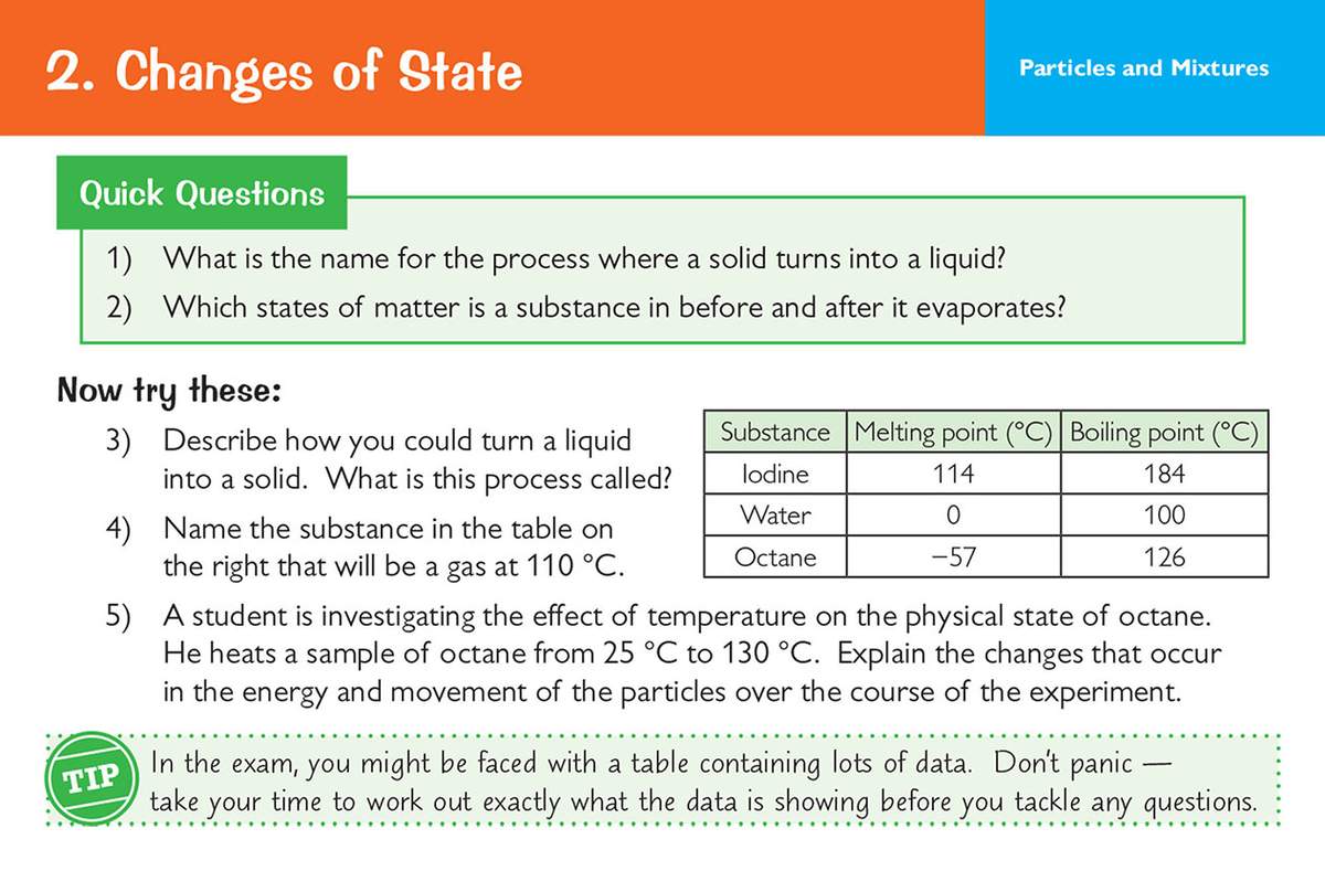 Five questions on melting, boiling and particle movement, with a data table to interpret