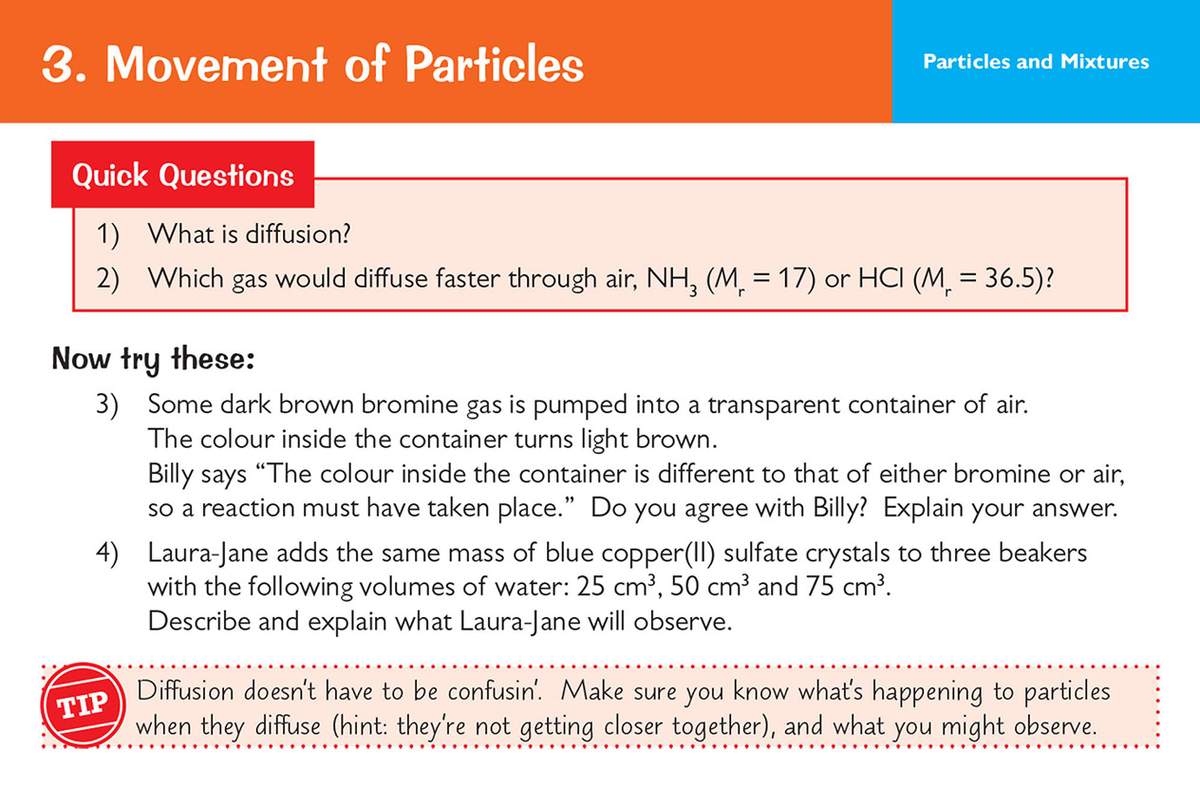Students answer quick questions on diffusion and explain observations of bromine gas and copper sulfate solutions