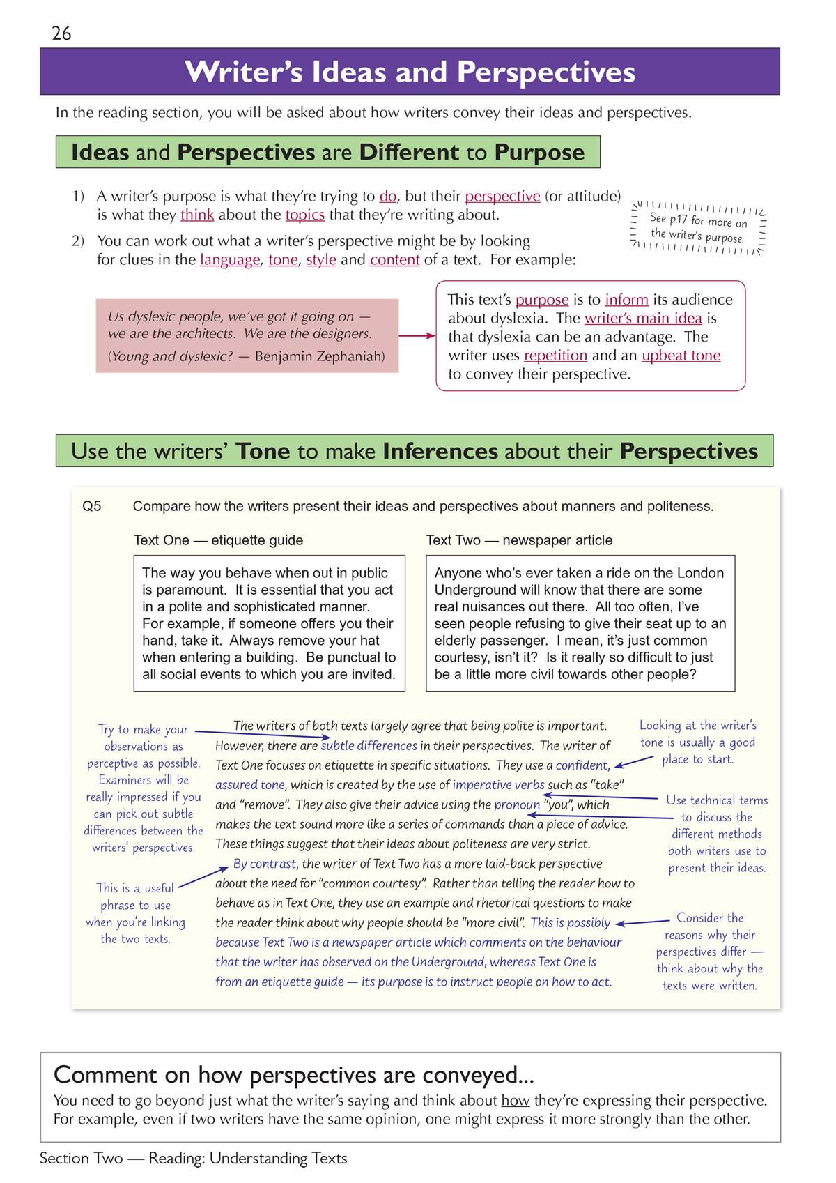 A worked example comparing two texts on manners, with annotations explaining how to identify tone and purpose