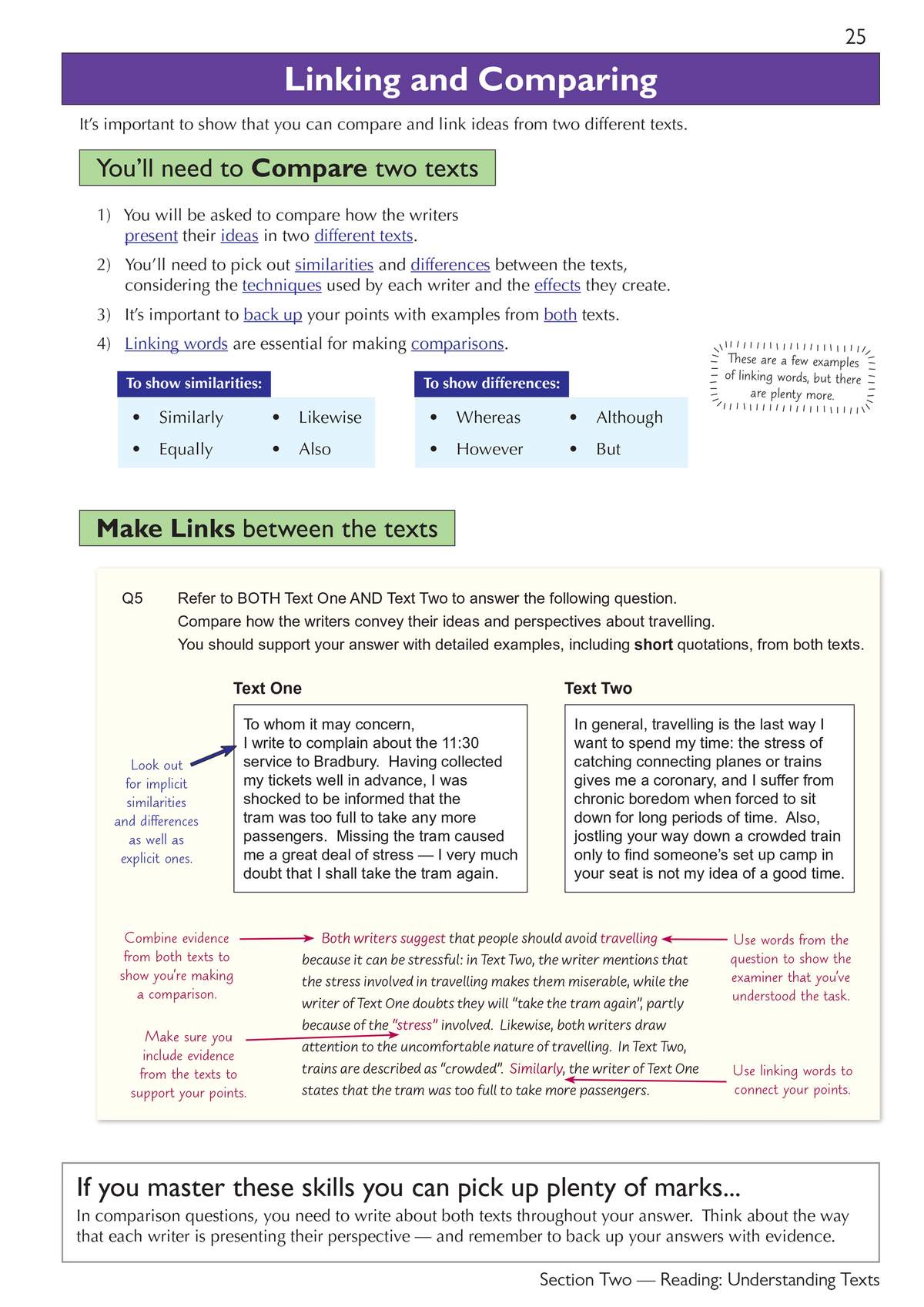 A worked example shows how to compare two texts about travelling, using linking words and short quotations to support points