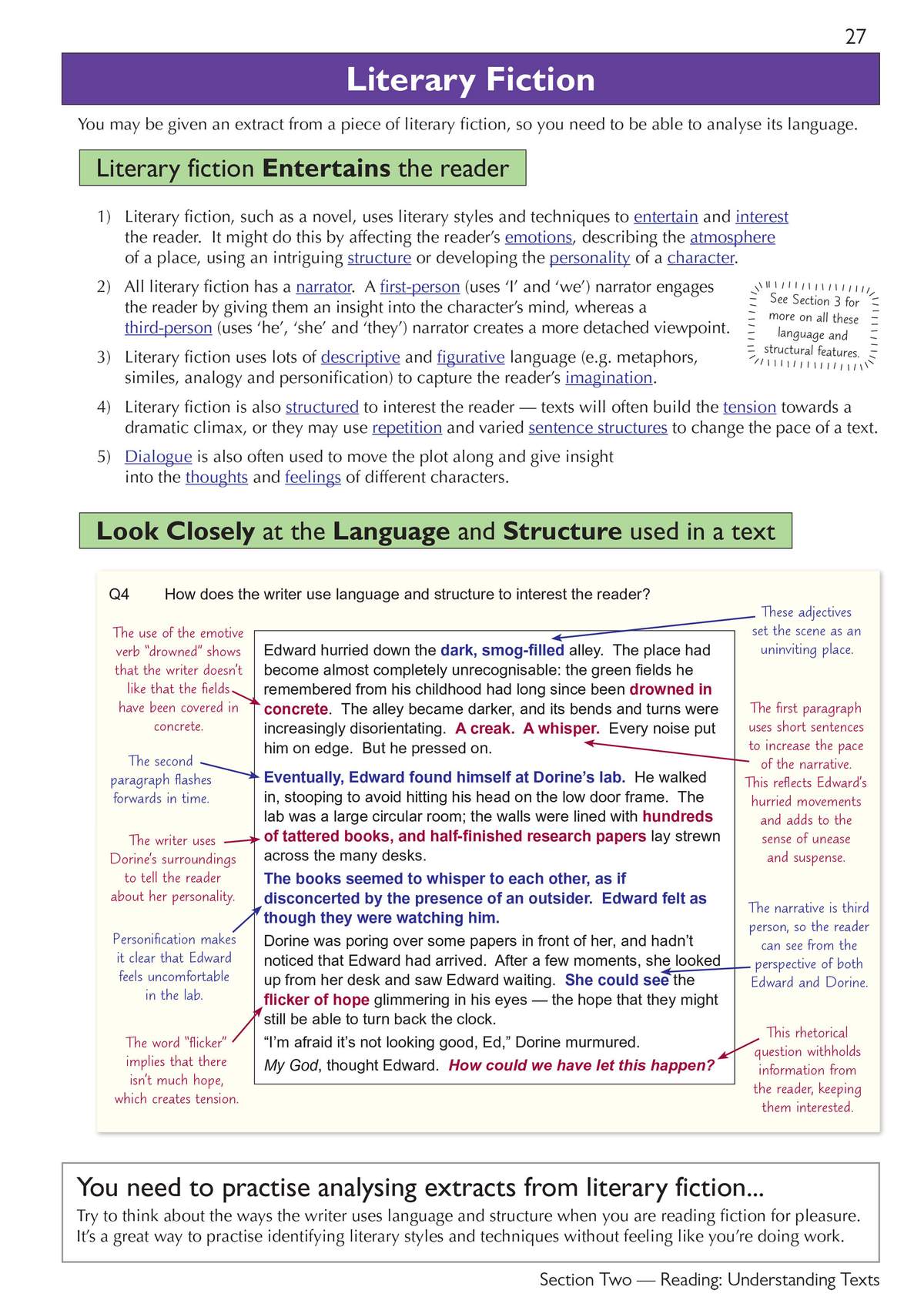 A worked example analysing a short extract from a literary fiction text, with annotations explaining how the writer uses