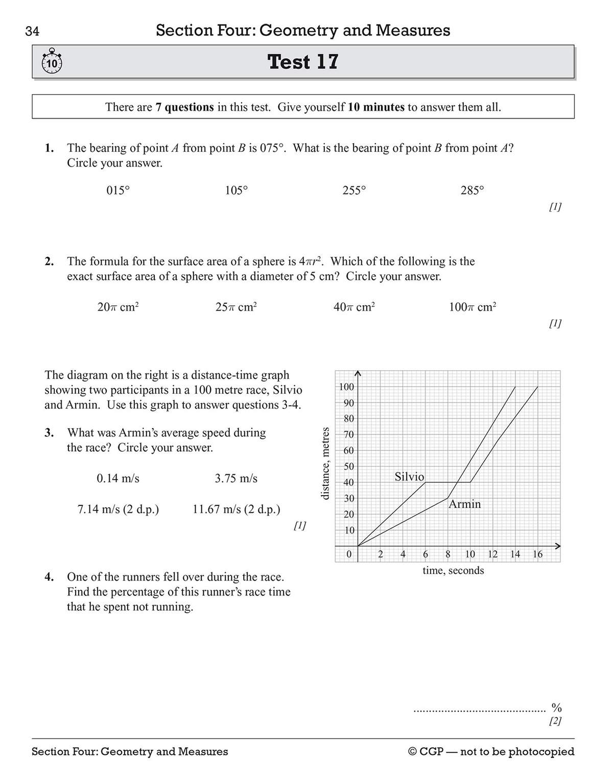 A 10-minute test on geometry and measures, including bearing, surface area, and interpreting a distance-time graph to find