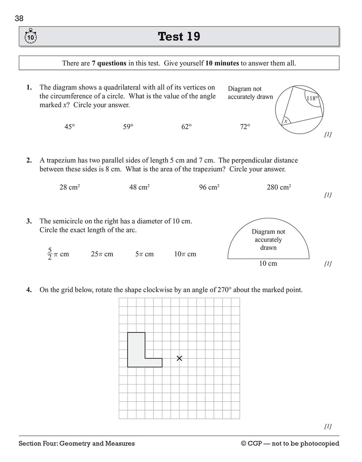 A timed test with four geometry questions on angles, area and rotation, requiring circle and grid work