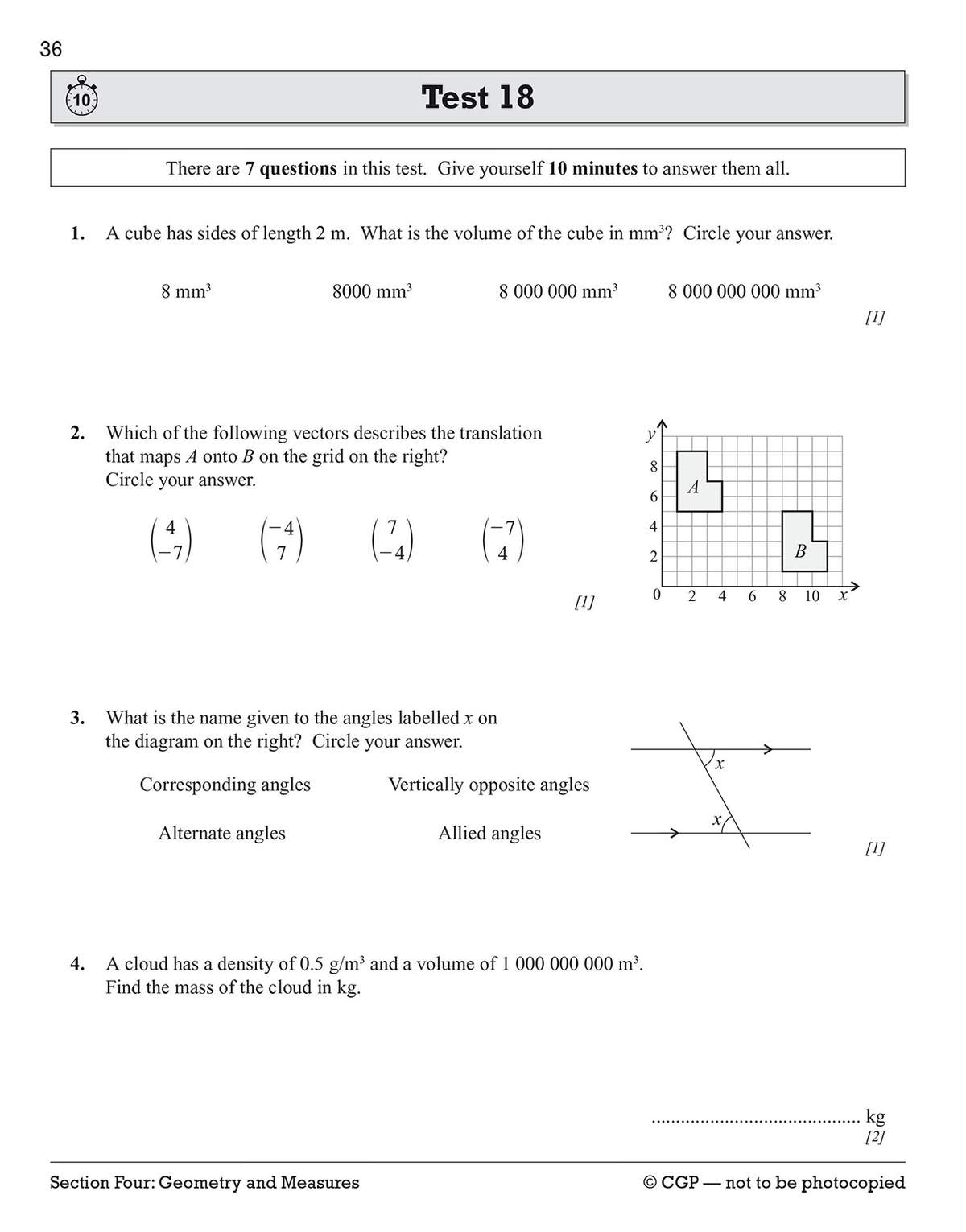 A timed test with seven questions on geometry and measures, including volume, vectors, angles, and mass calculations