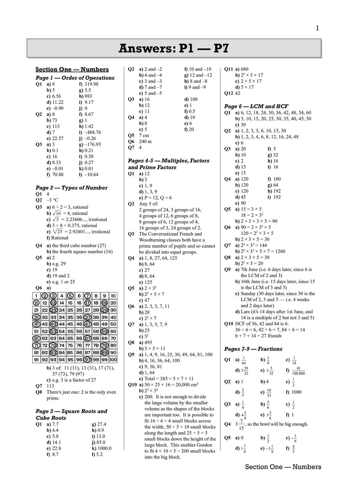 Full answers to questions on numbers, factors, fractions and more, so you can check work and see where marks are won