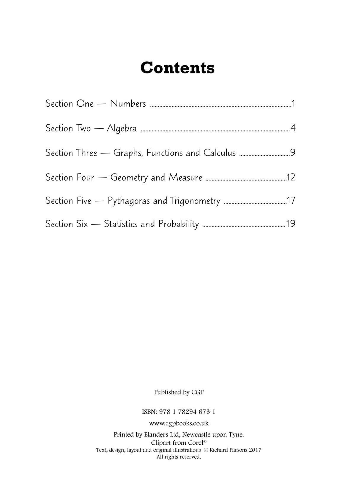 A contents page listing six maths sections with page numbers, plus publisher details at the bottom