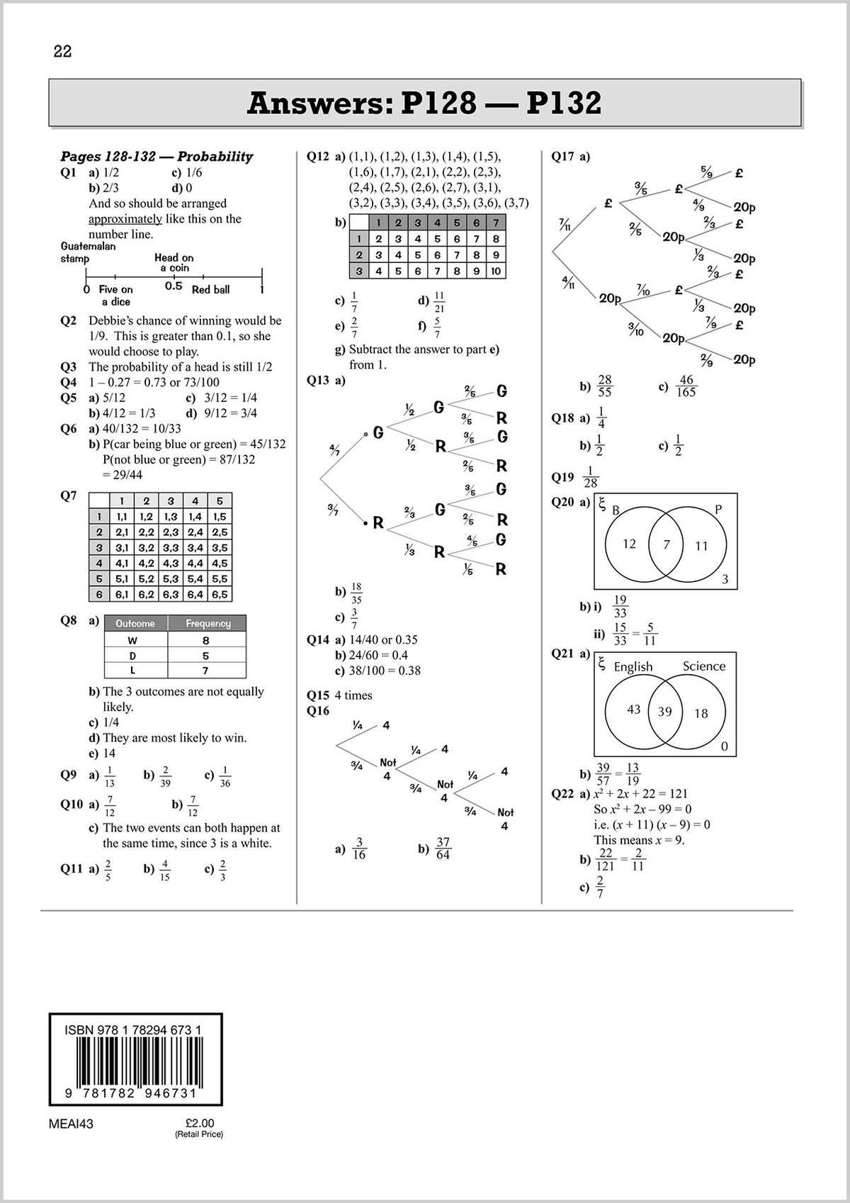 Full solutions for probability and algebra questions, with a barcode and price at the bottom