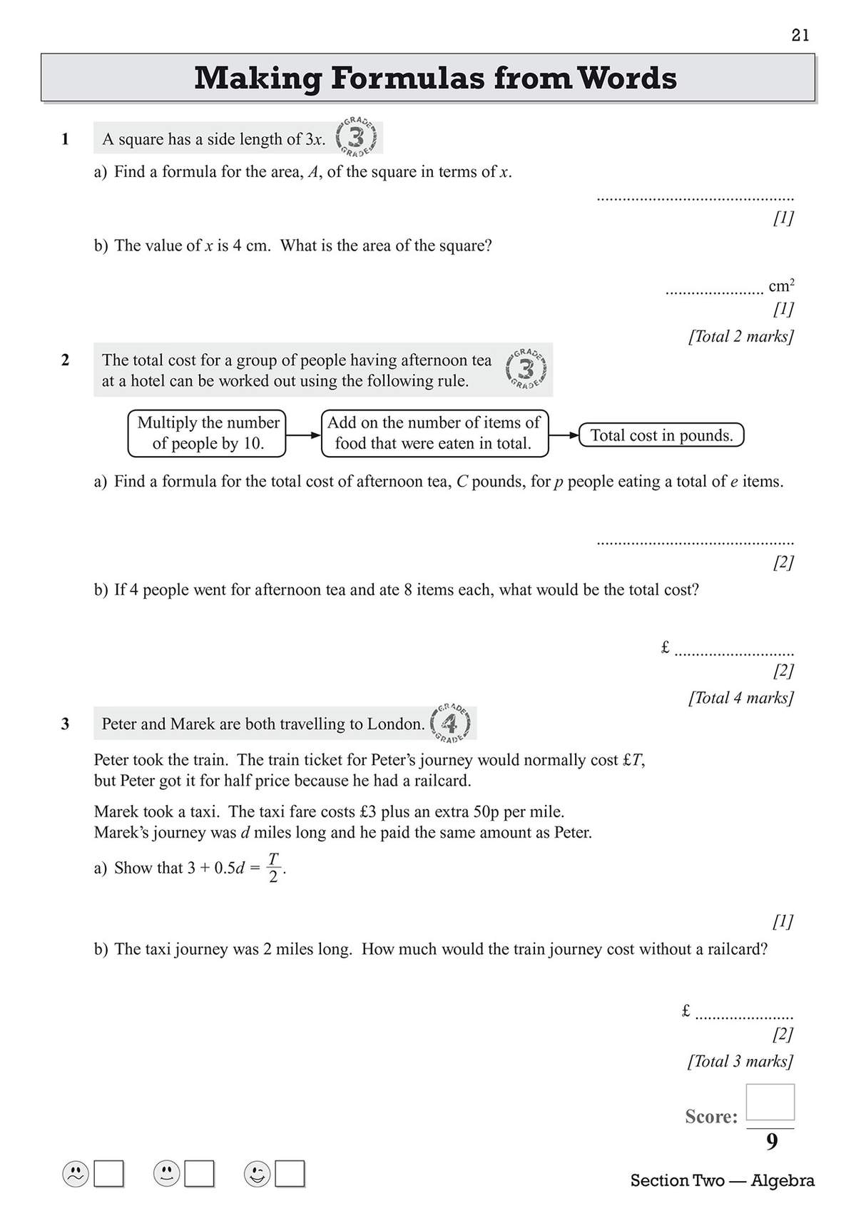 Three algebra problems on forming formulas from word descriptions, including a flowchart and a travel cost scenario