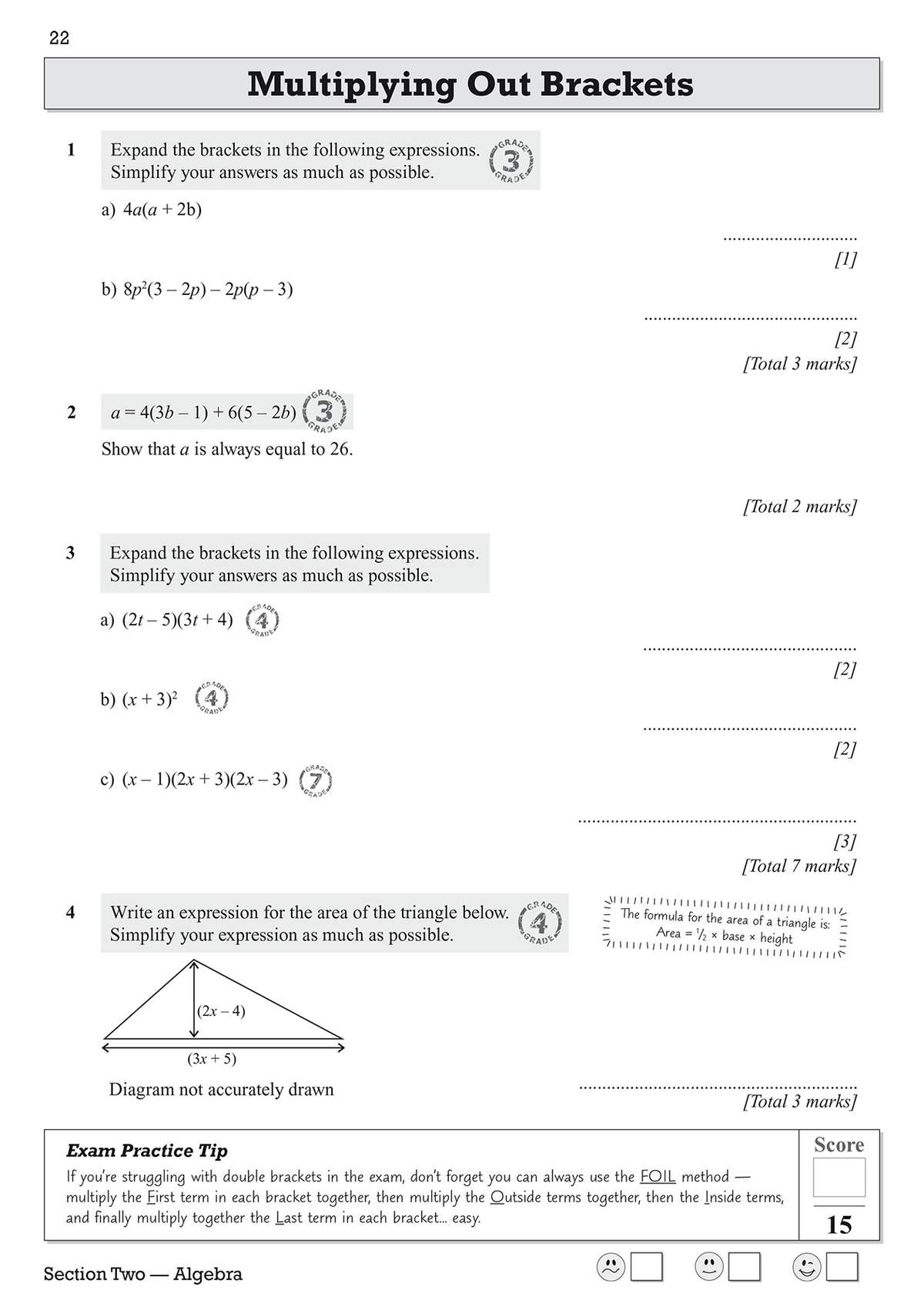 Four algebra questions on expanding brackets, including a triangle area problem