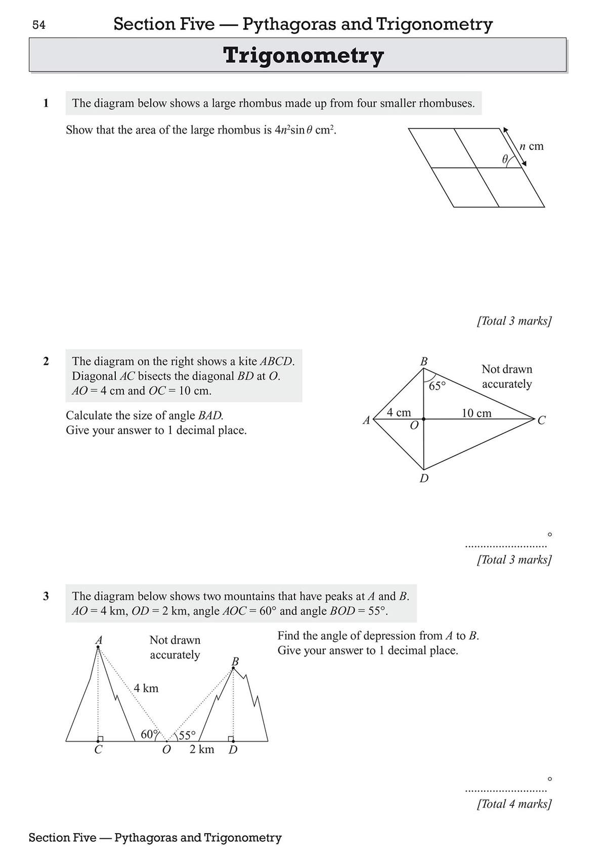 Three trigonometry problems involving rhombuses, kites and mountains, requiring students to calculate angles and areas using