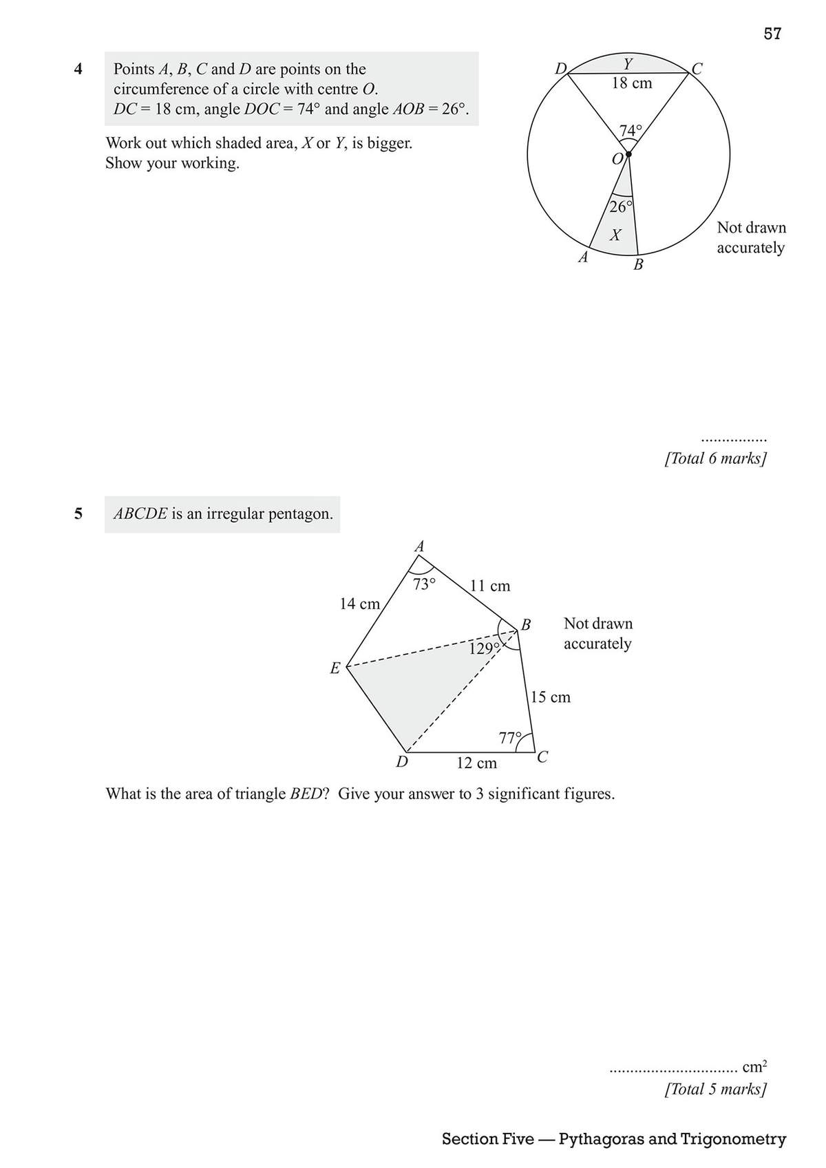 Two geometry problems involving a circle and an irregular pentagon, requiring students to calculate areas using given