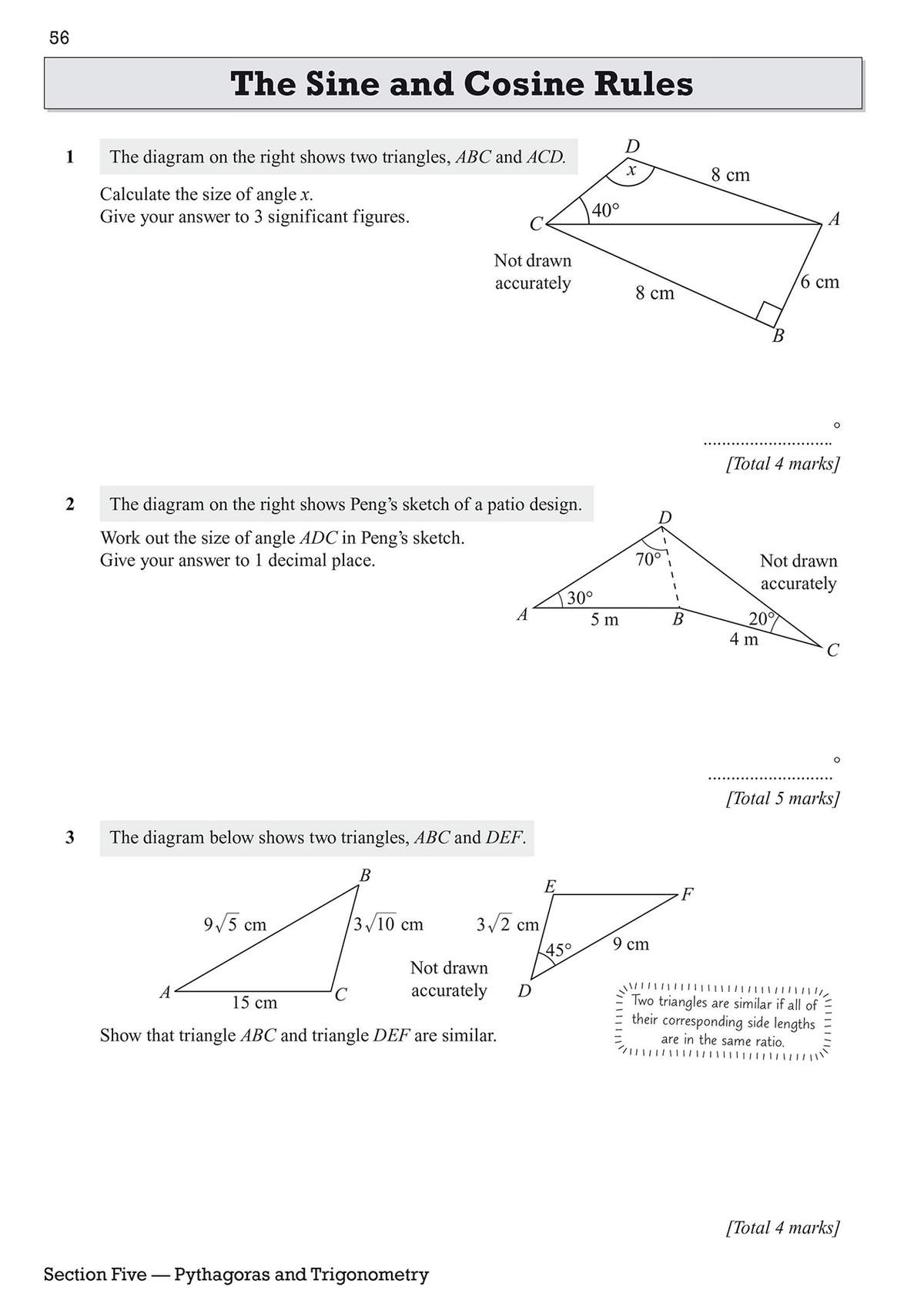 Three trigonometry problems involving calculating angles and proving similarity using the sine and cosine rules