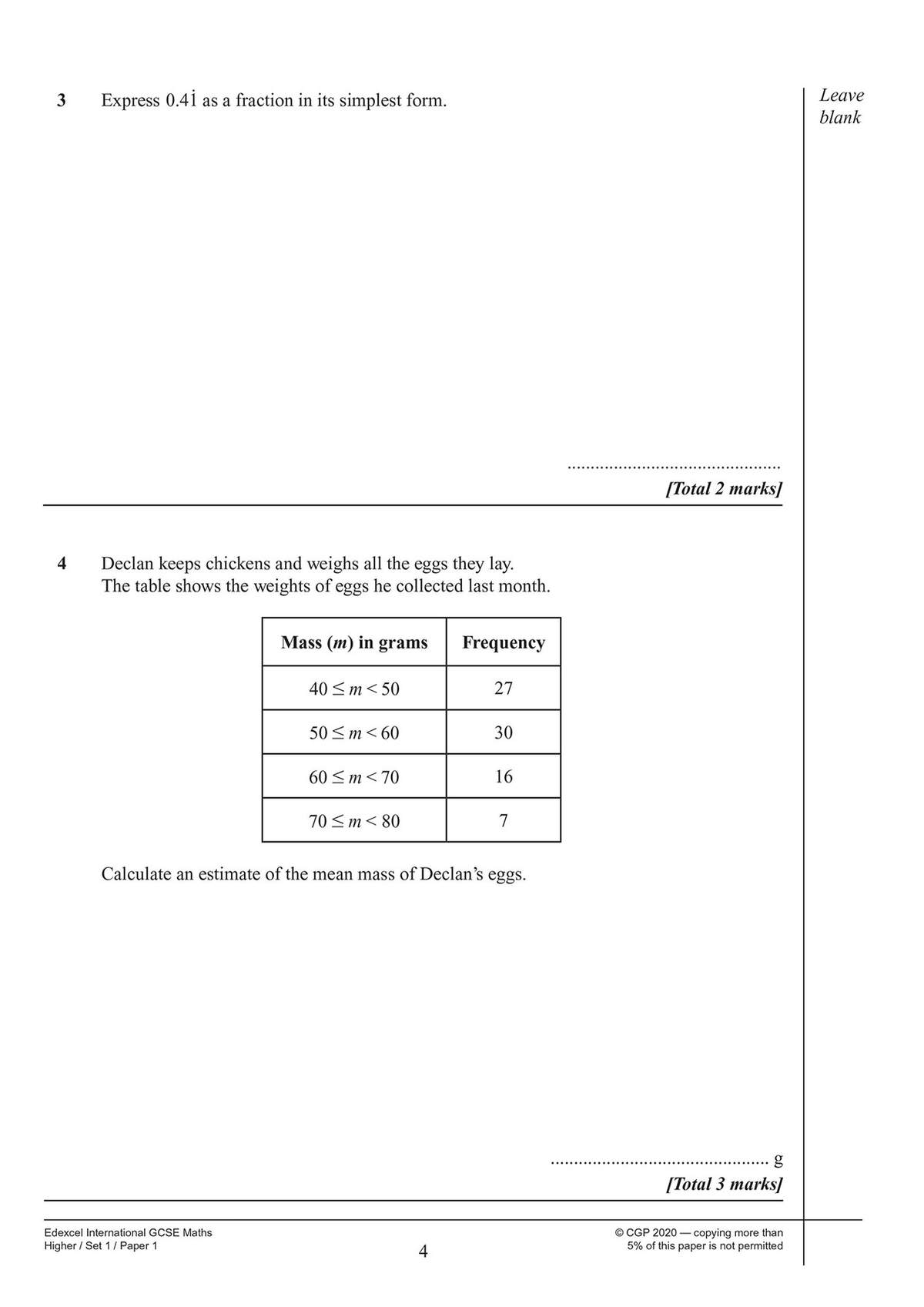 Two maths questions on decimals and statistics, including a frequency table to calculate an estimated mean