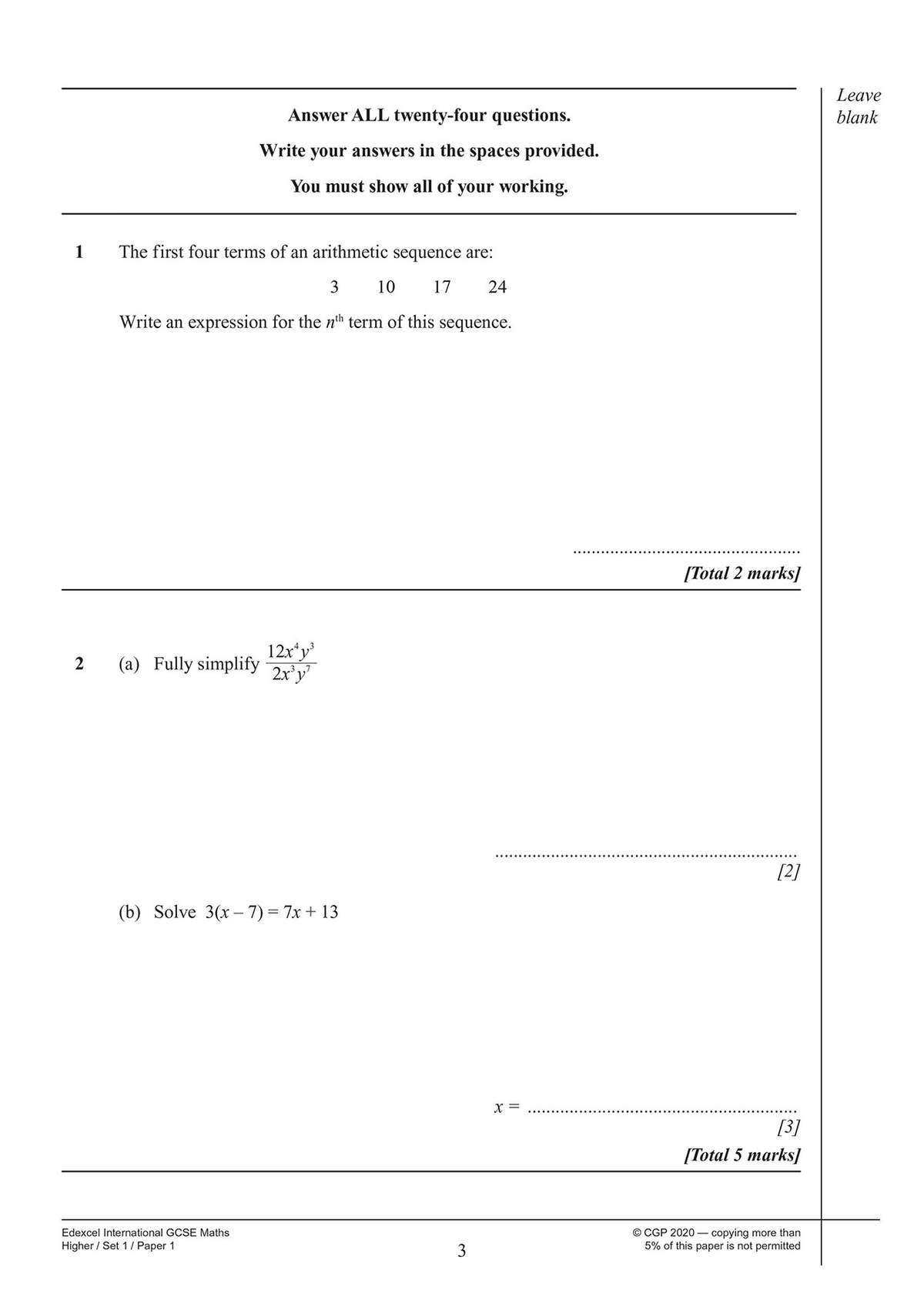 Two algebra questions on arithmetic sequences and simplifying fractions, requiring full working and answers in provided