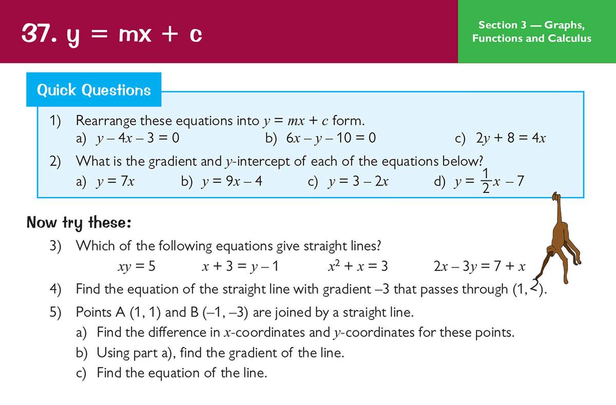 Students rearrange equations into y = mx + c form and find gradients and line equations from given points