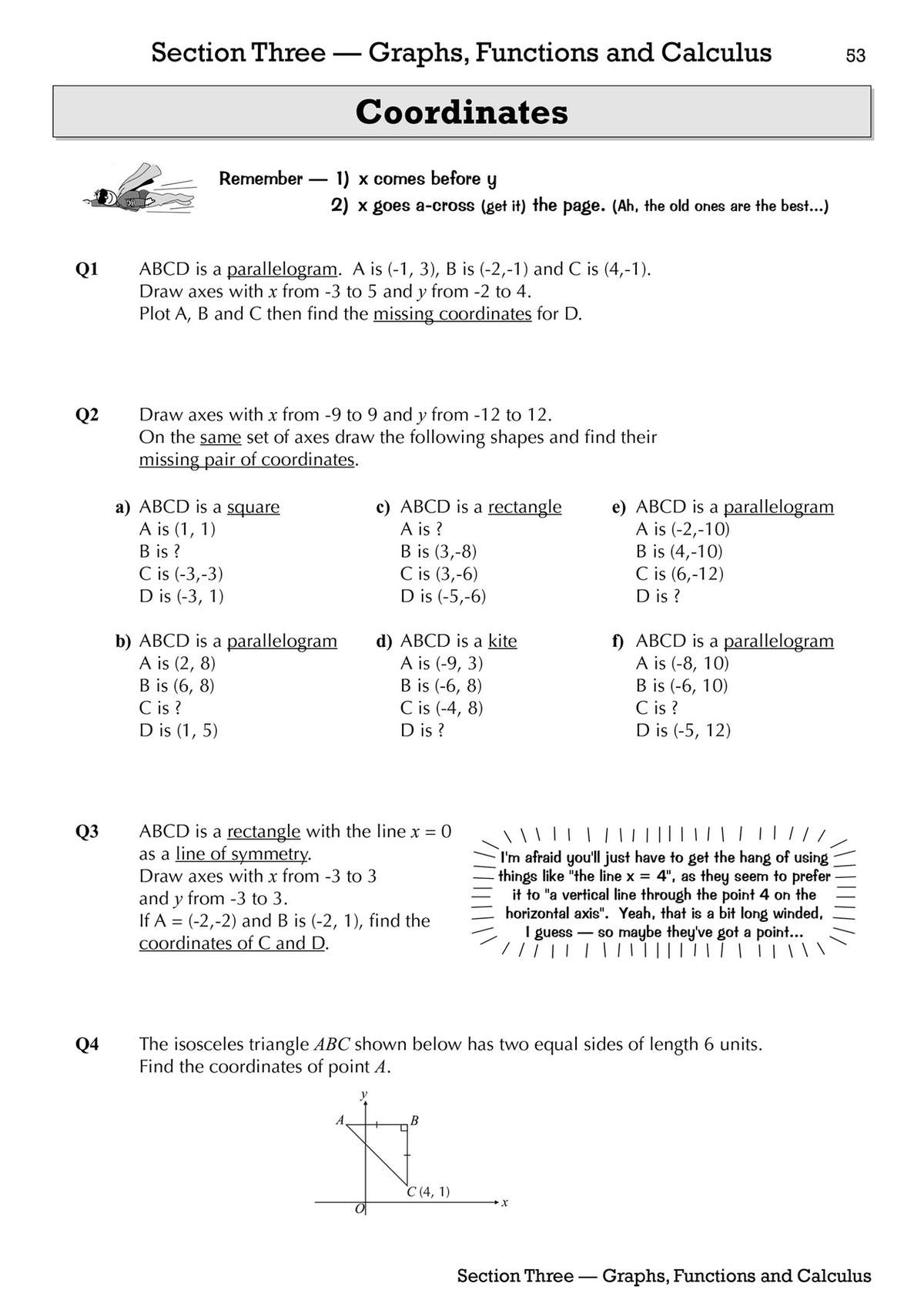 Four questions on finding missing coordinates for shapes like parallelograms and rectangles, with one diagram to draw axes on