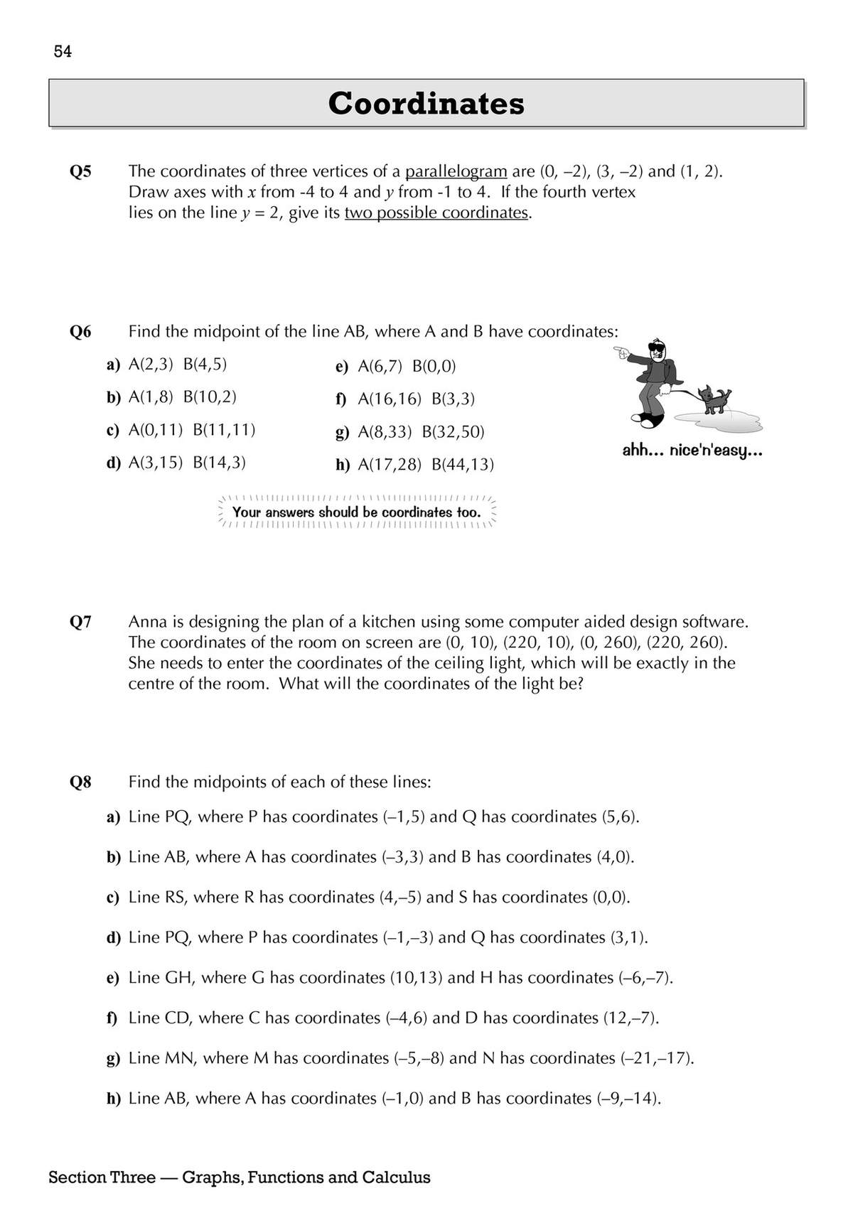 Four questions on coordinates, including plotting points, finding midpoints, and calculating the centre of a room