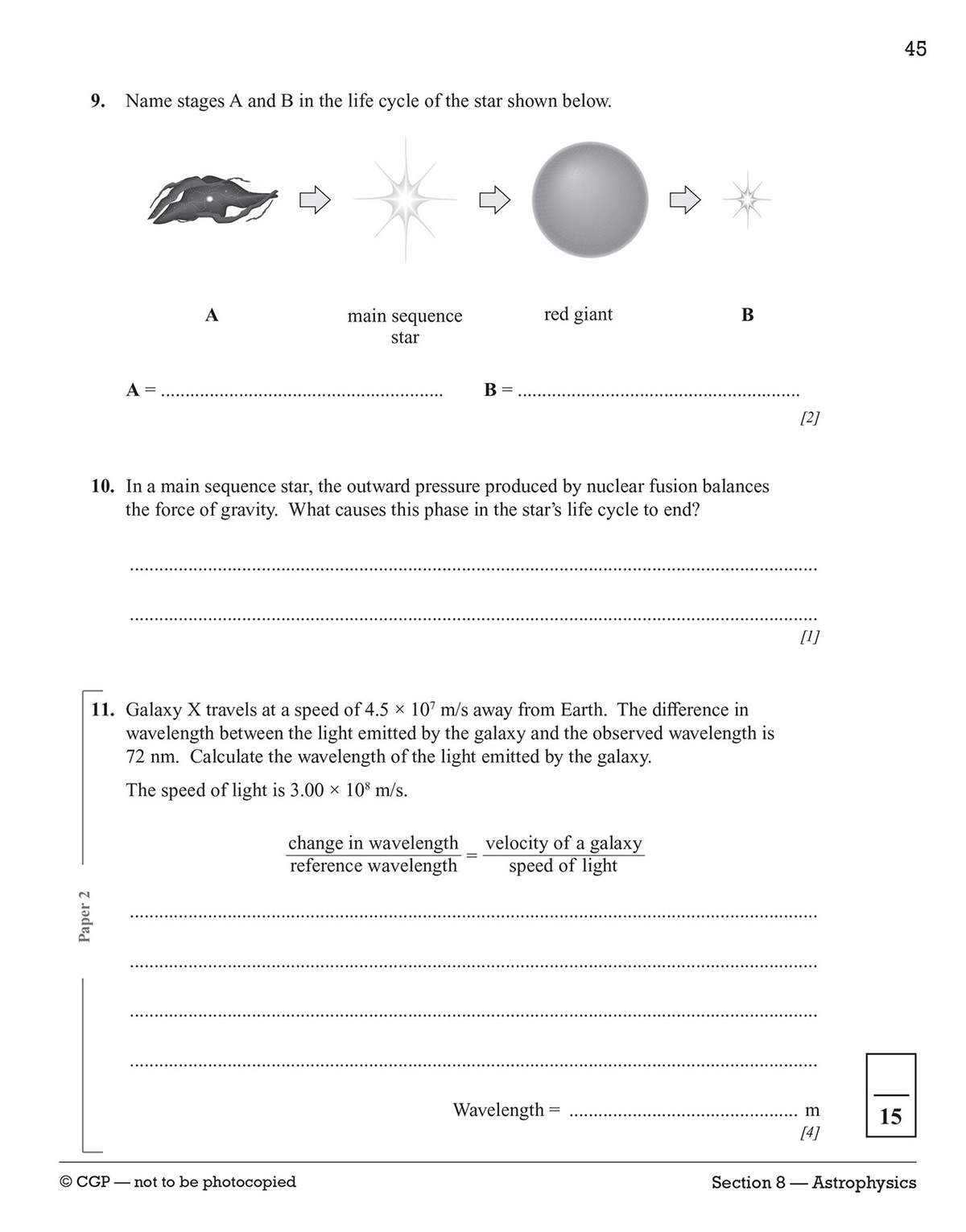 Three questions on astrophysics, including a diagram of a star's life cycle and a calculation using the redshift formula