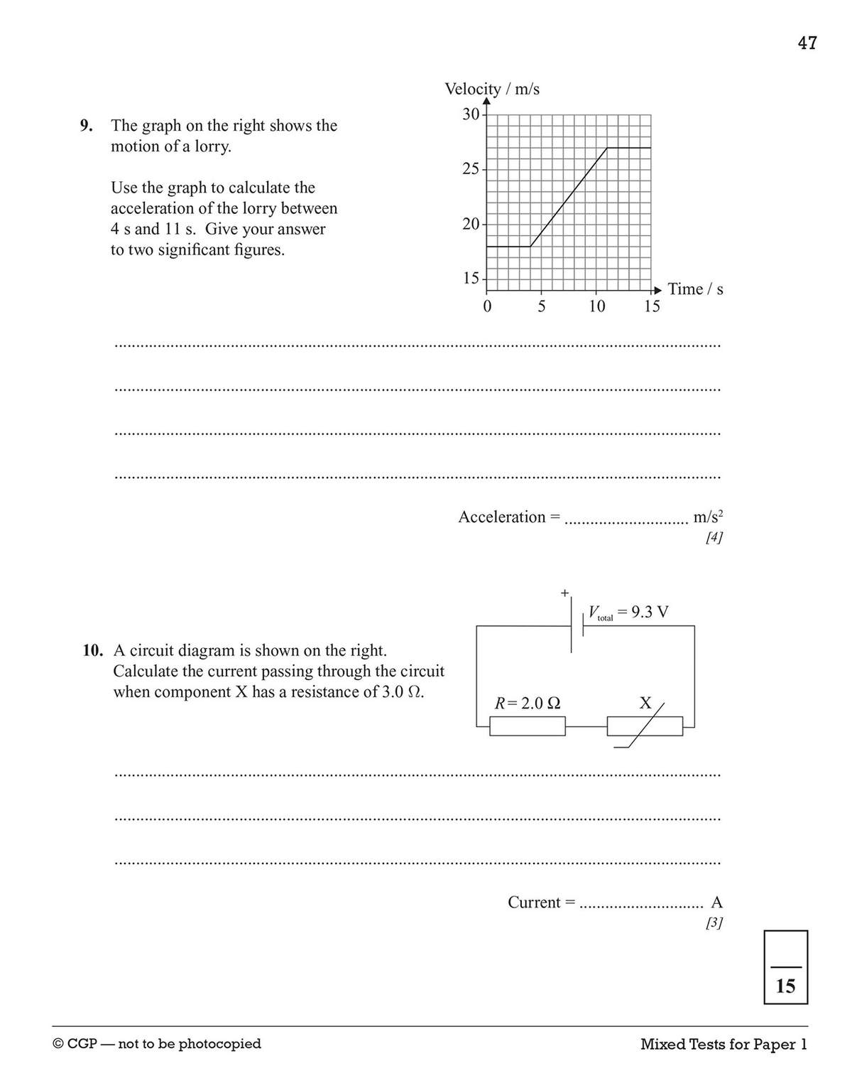 Two physics questions on a black-and-white page: one on calculating acceleration from a velocity-time graph