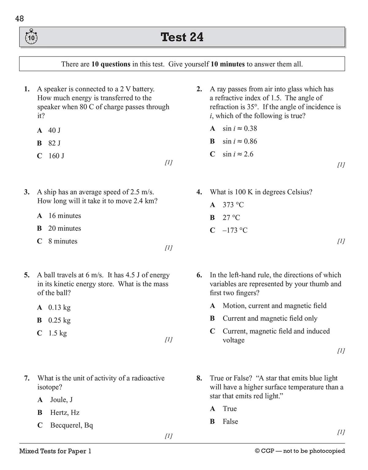 Ten timed physics questions covering electricity, optics, motion and radioactivity