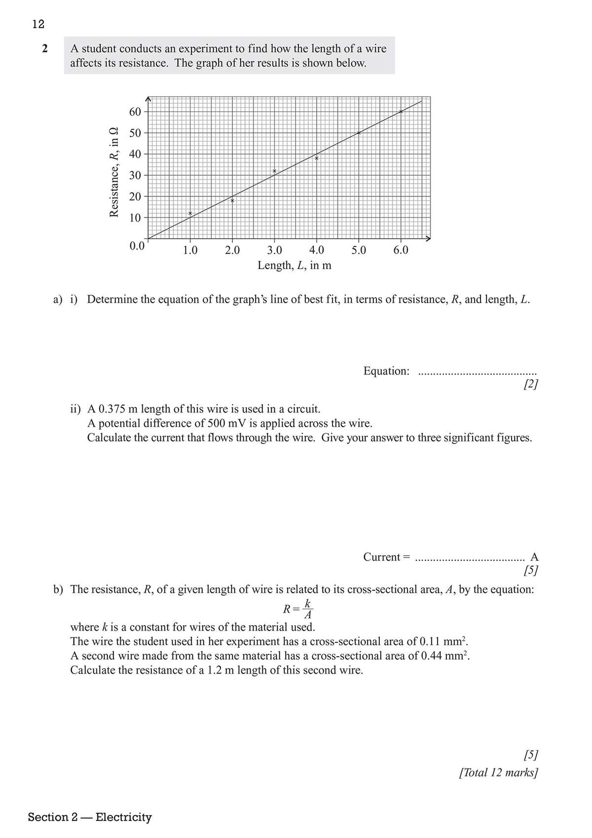 A graph of resistance against length is provided, followed by questions to find the equation of the line, calculate current