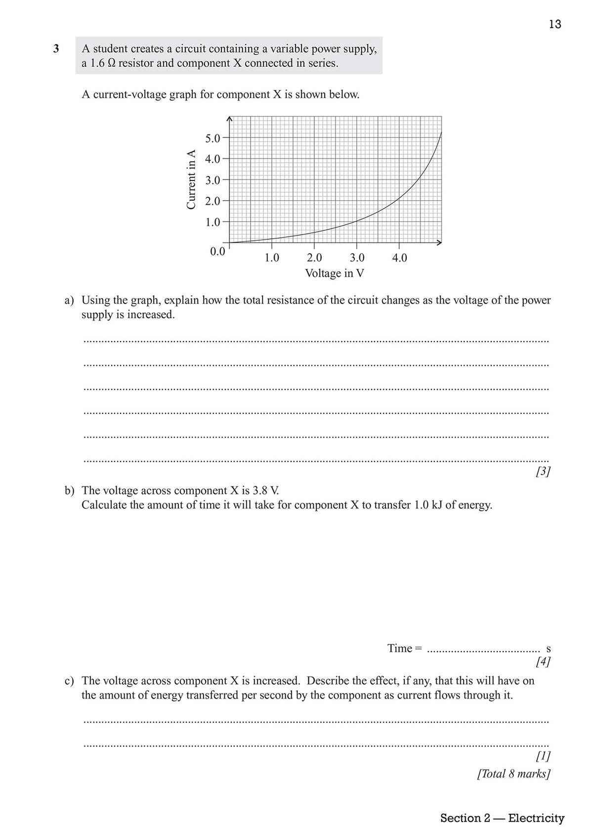 Three questions on interpreting a current-voltage graph and calculating energy transfer in a circuit