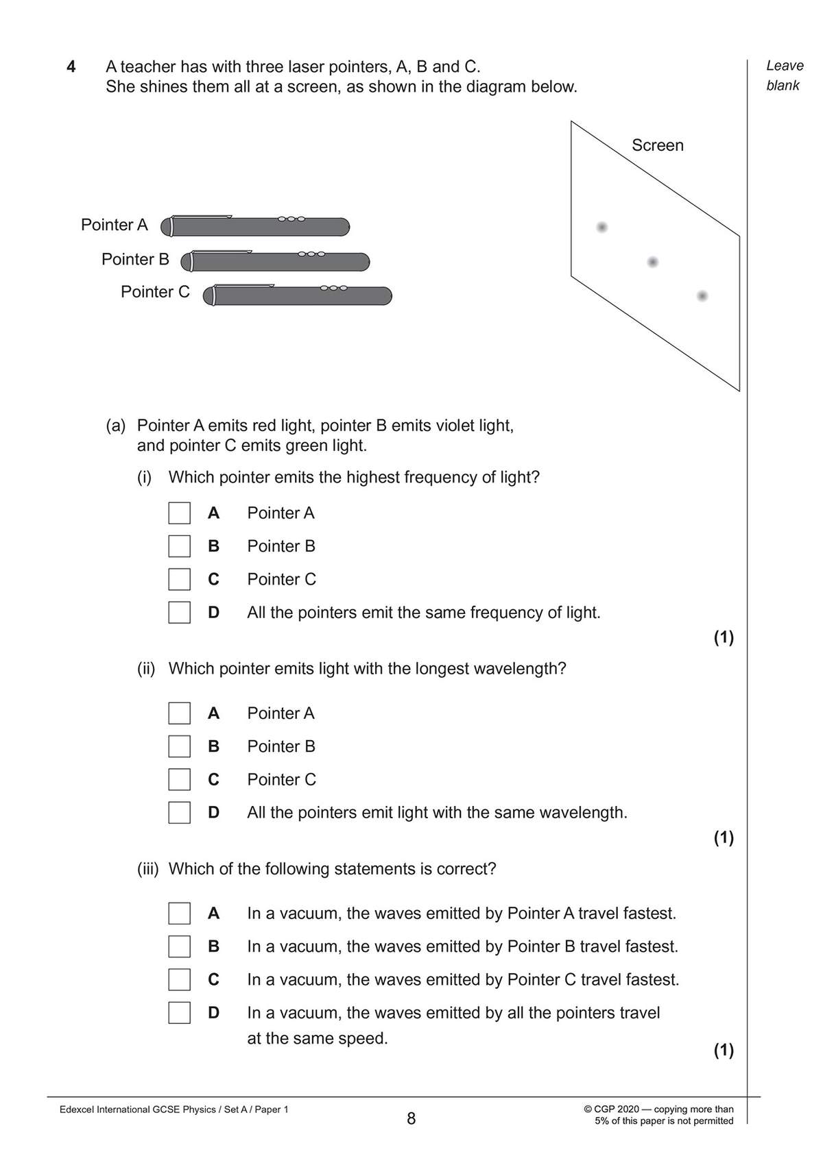 Three multiple-choice questions on light frequency, wavelength and speed in a vacuum, based on a diagram of laser pointers