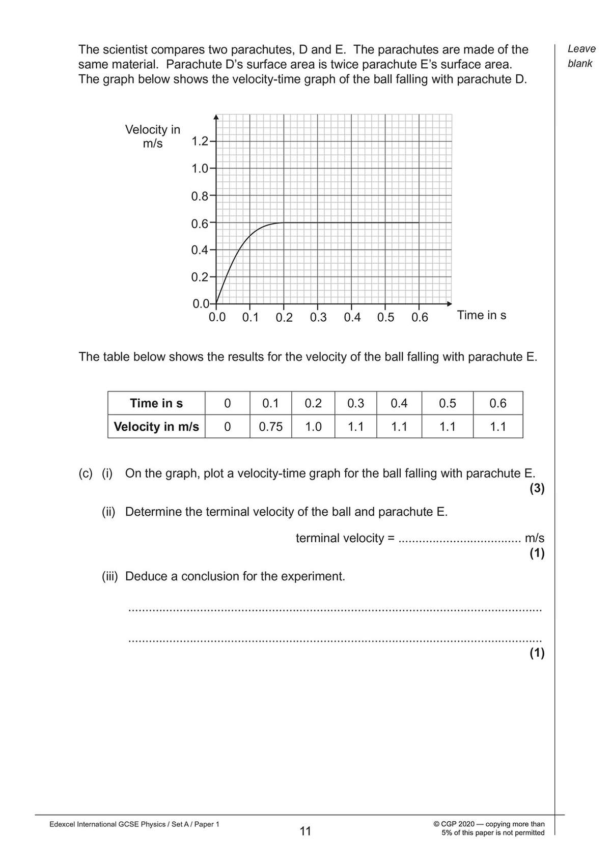 Students plot a velocity-time graph for parachute E, determine terminal velocity, and deduce a conclusion from the experiment