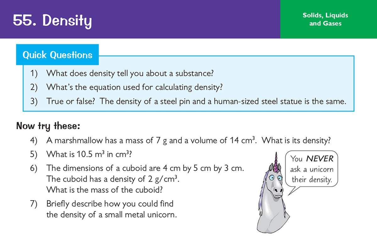 Seven questions on density, including calculations with a marshmallow and cuboid, plus a true or false statement