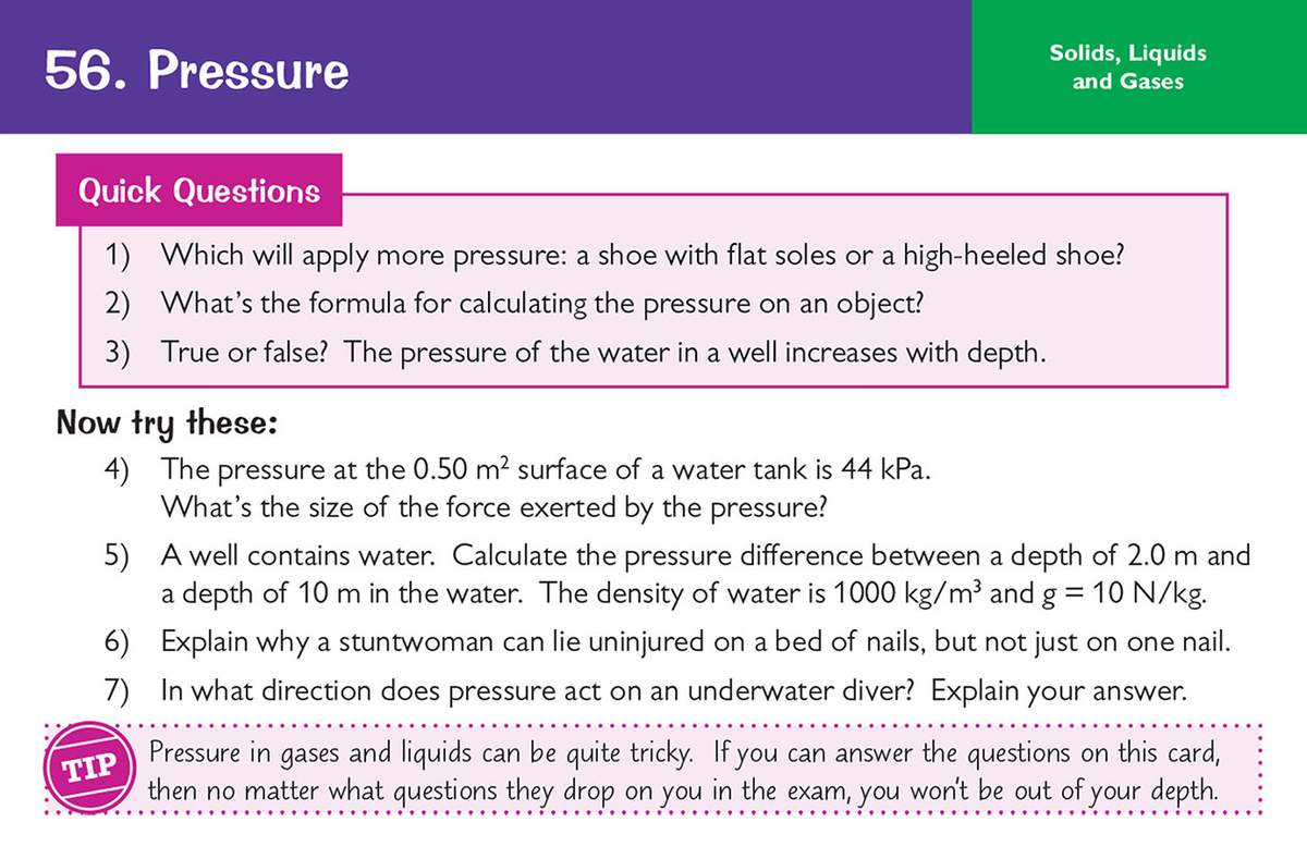 Seven questions on pressure, including calculations and explanations, to test understanding of the topic