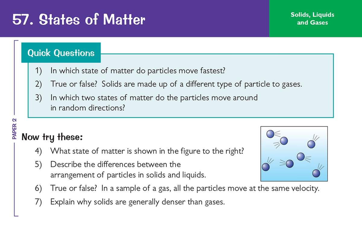 Seven questions on particle theory, including true or false statements and explanations of density and particle movement