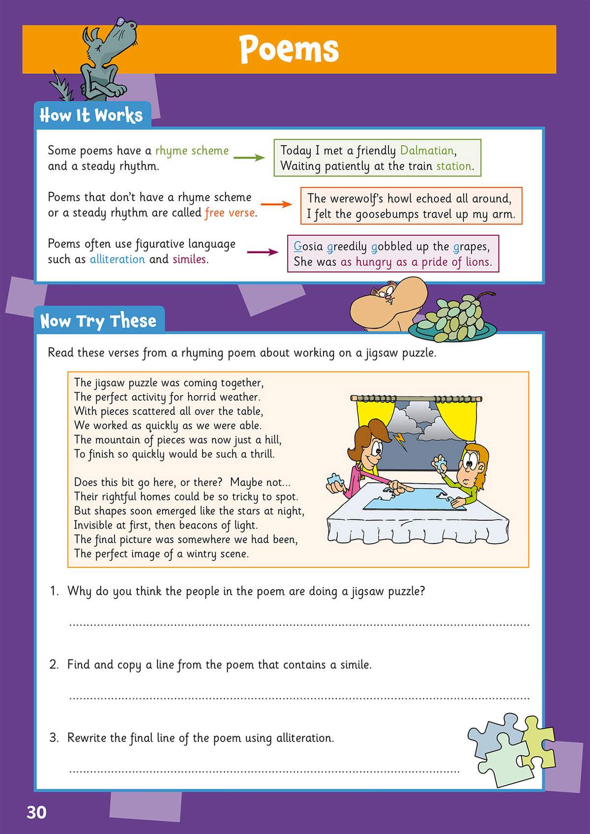 A poem about a jigsaw puzzle is read, followed by three questions to identify similes, rewrite lines and explain the scene
