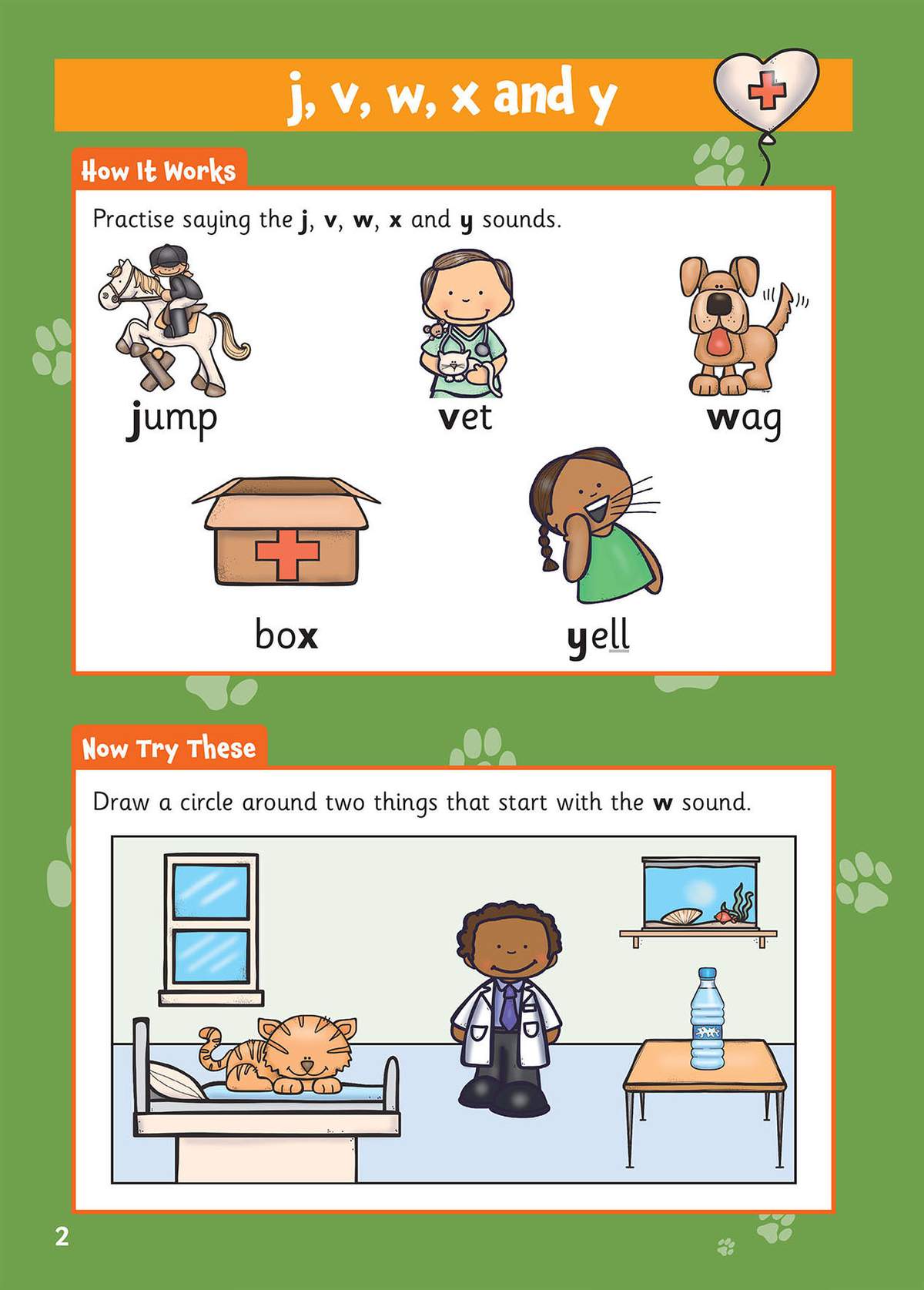 Children practise saying five words with specific sounds, then circle two items in a vet's surgery that start with the 'w'